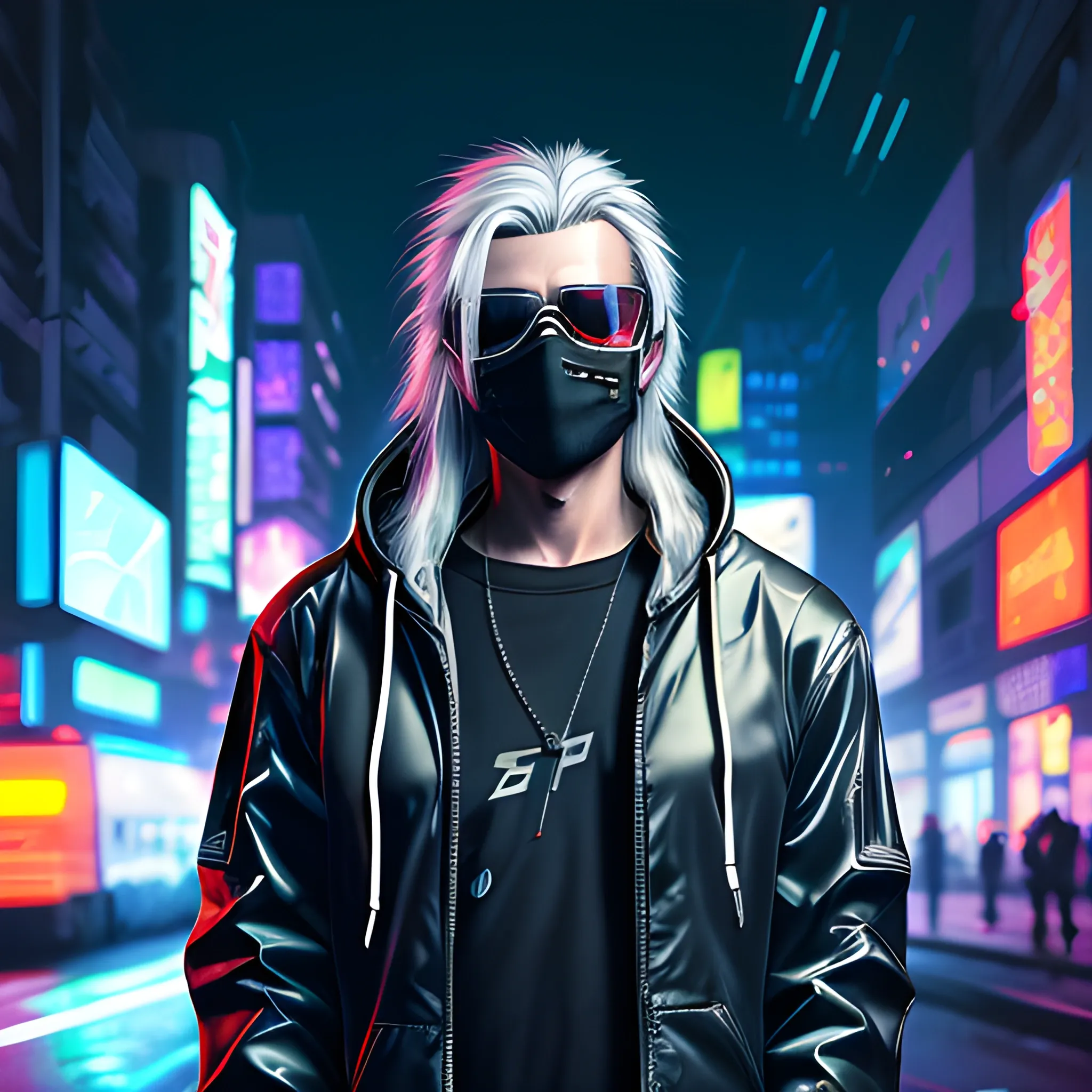 portrait of a Handsome Cyberpunk male, with long silver hair pulled back. Wearing a flashy urban hooded jacket with no spikes, wearing a black mask and sunglasses in a night time cyberpunk city street.