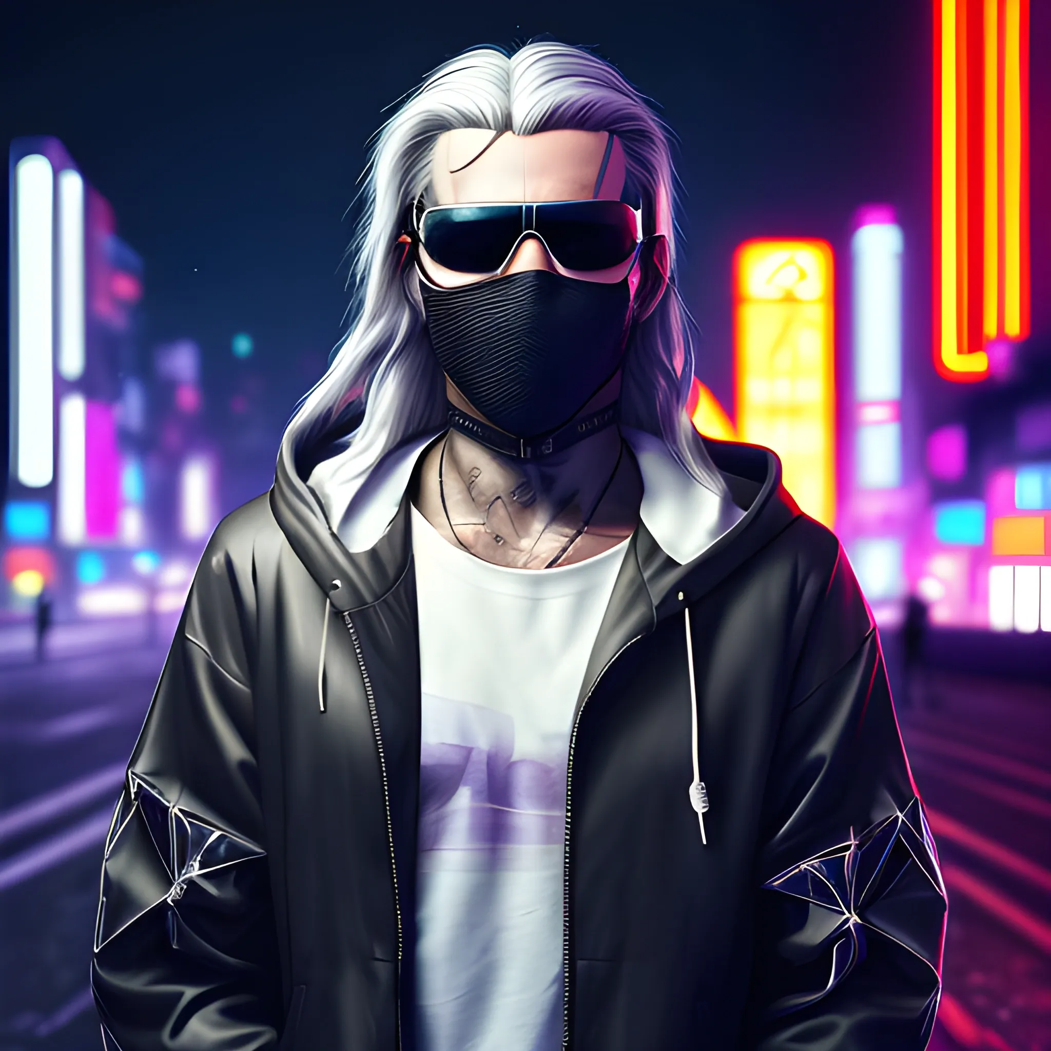 portrait of a Handsome Cyberpunk male, with long silver hair pulled back. Wearing a flashy urban hooded jacket with no spikes, wearing a black mask and sunglasses in a night time cyberpunk city street.