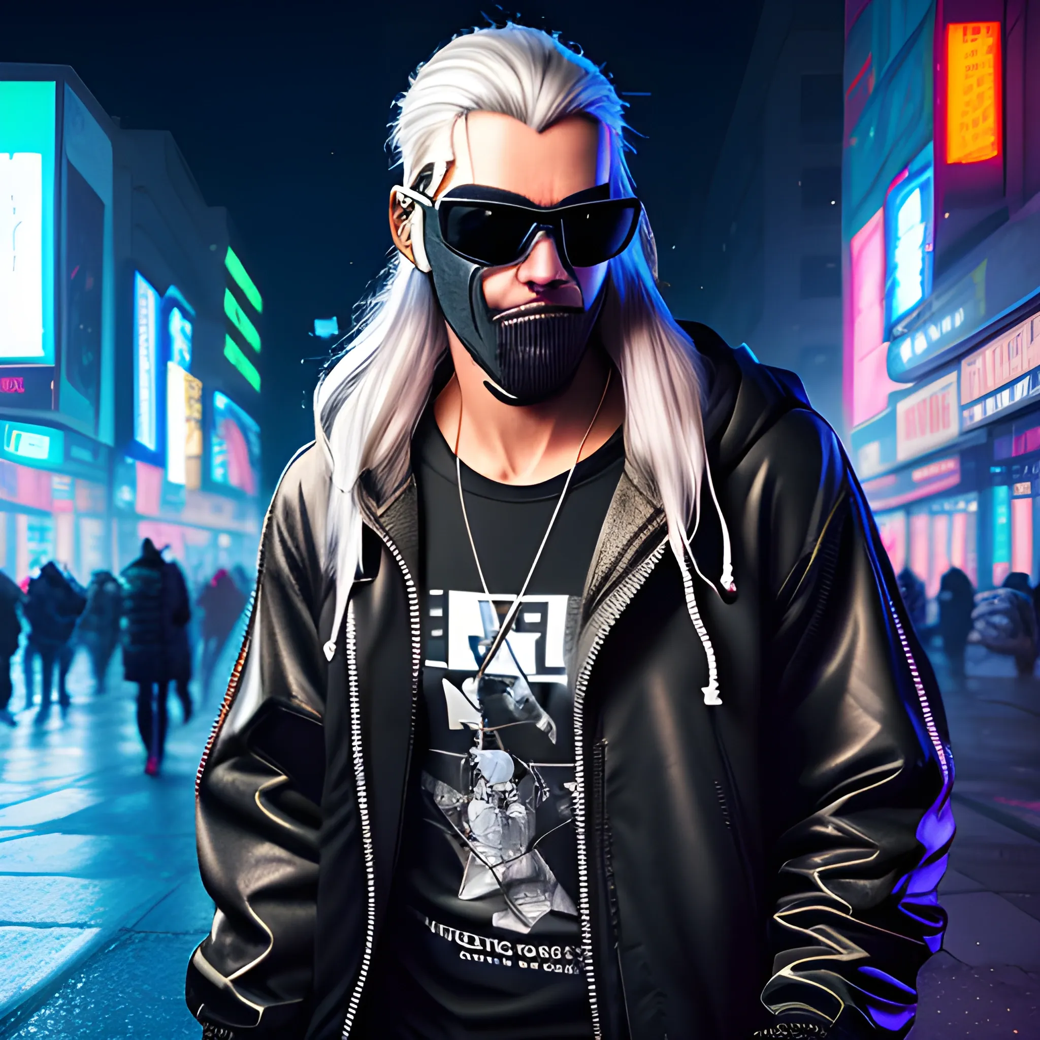 portrait of a Handsome Cyberpunk male, with long silver hair pulled back. Wearing a flashy urban hooded jacket with no spikes, wearing a black facemask and sunglasses in a night time cyberpunk city street.