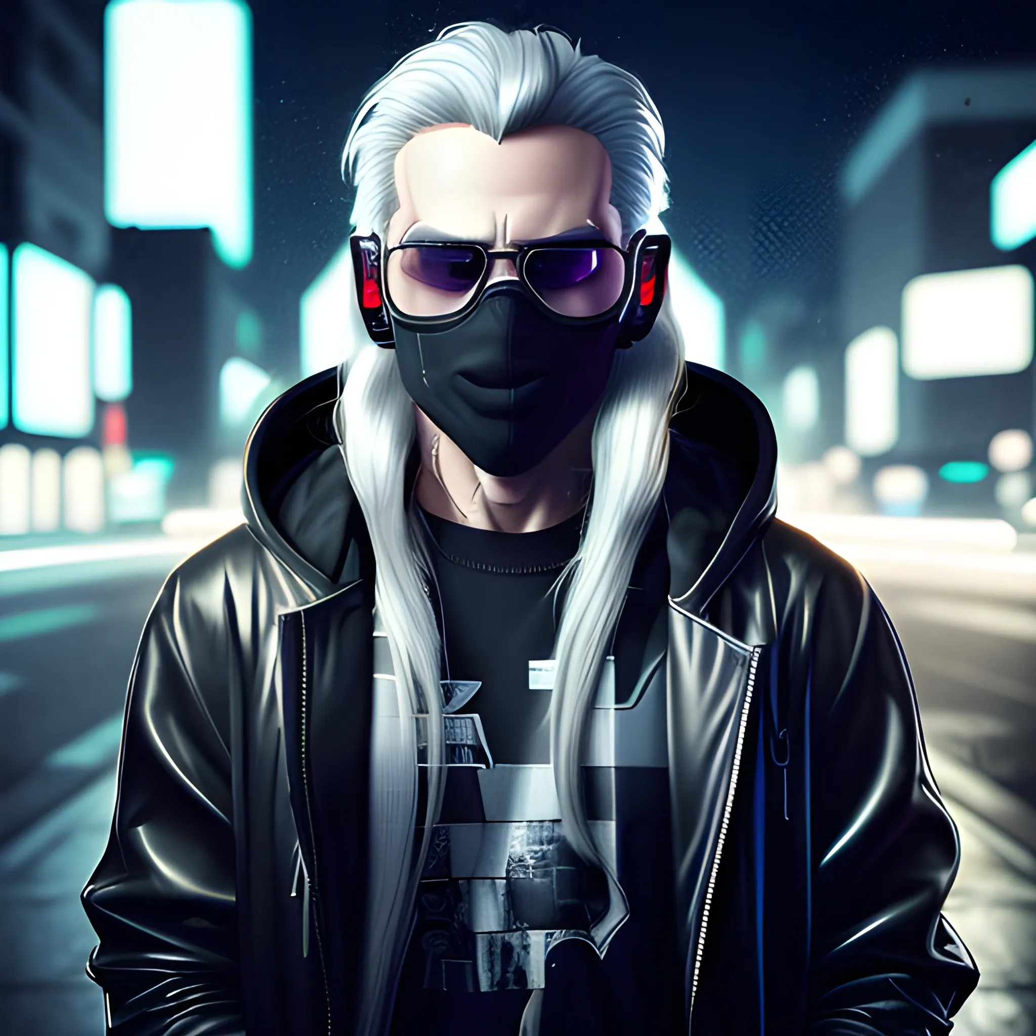 portrait of a Handsome Cyberpunk male, with long silver hair pulled back. Wearing a flashy urban hooded jacket with no spikes, wearing a black facemask and sunglasses in a night time cyberpunk city street.