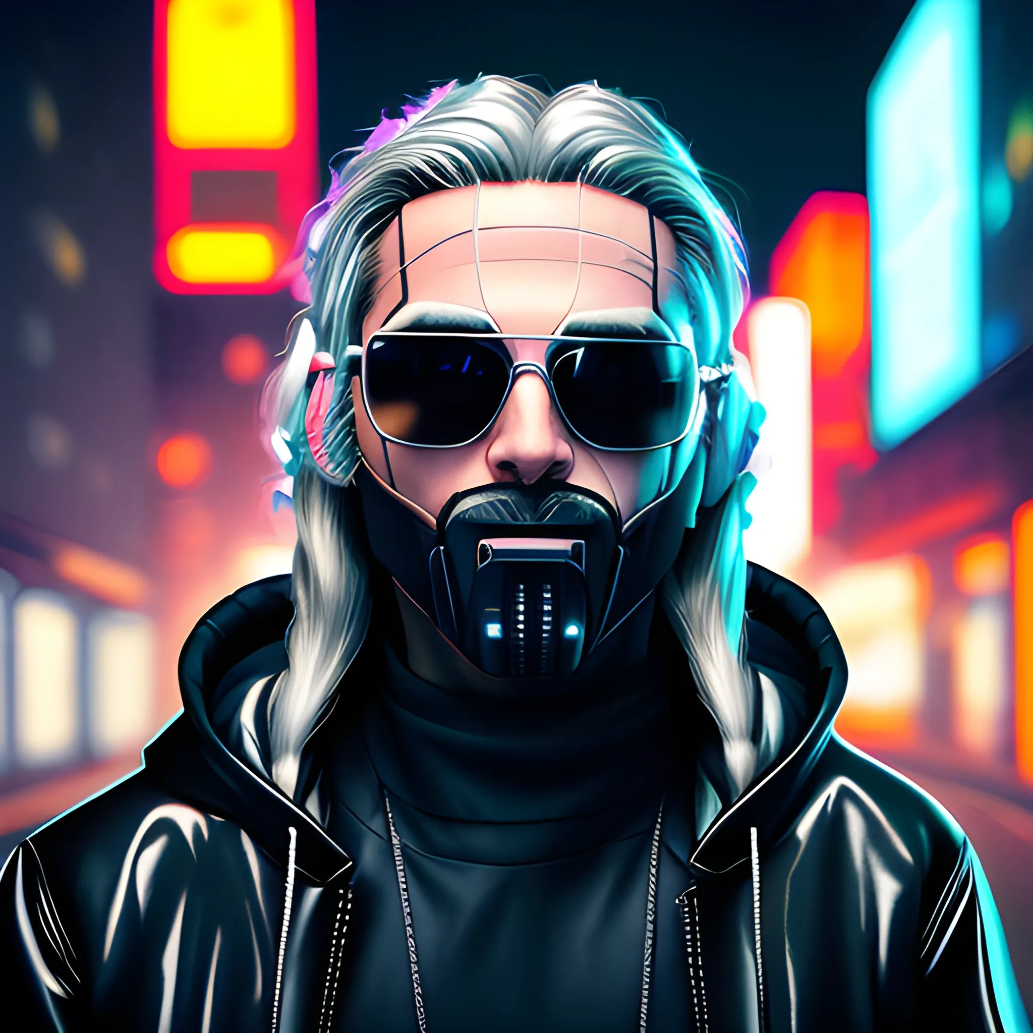 portrait of a Handsome Cyberpunk male, with long silver hair pulled back. Wearing a flashy urban hooded jacket with no spikes, wearing a black facemask and sunglasses in a night time cyberpunk city street.