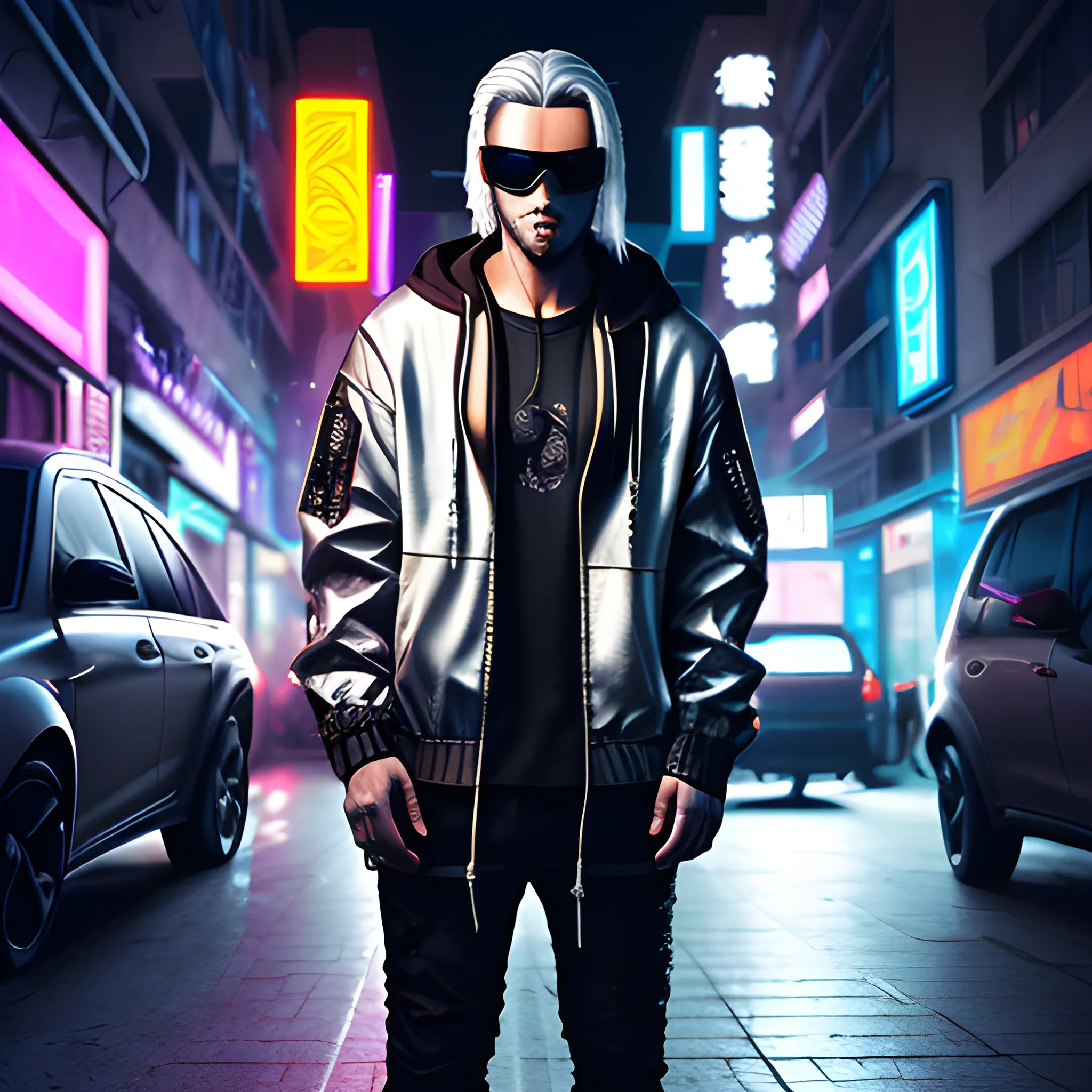 portrait of a handsome cyberpunk man, with long silver hair pulled back. Wearing a flashy urban hooded jacket with no spikes, wearing a black facemask and sunglasses in a night time cyberpunk city street.