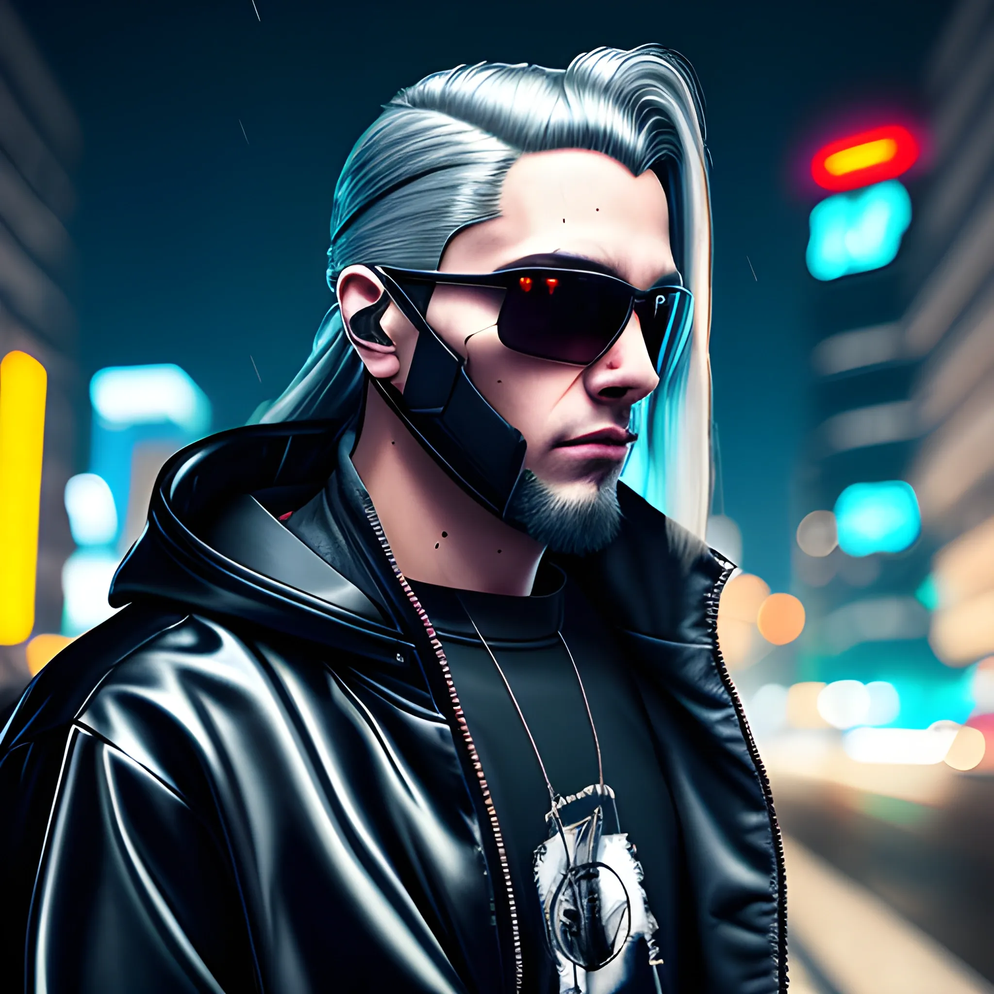 Cyberpunk style portrait of a handsome male, with long silver hair pulled back. Wearing a flashy urban hooded jacket with no spikes, wearing a black facemask and sunglasses in a night time cyberpunk city street.