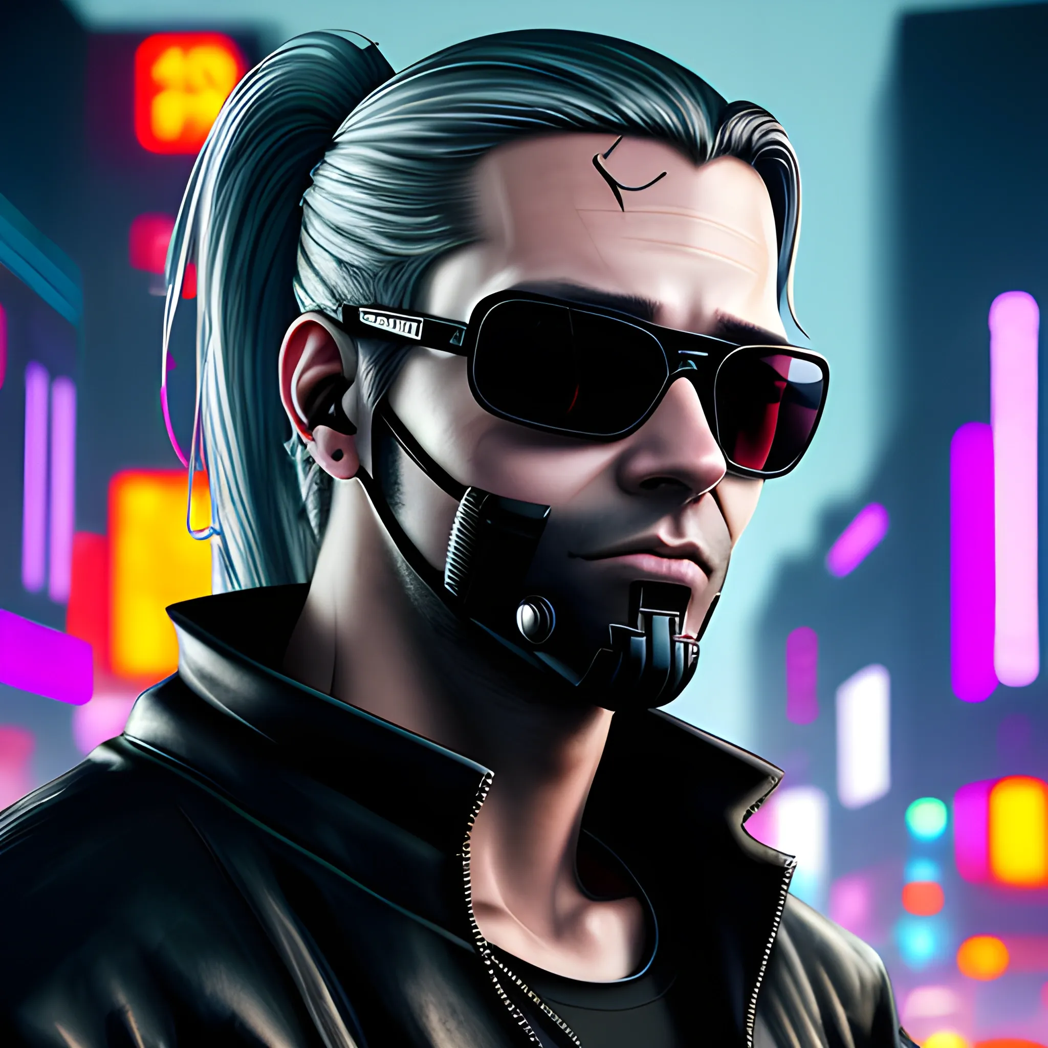 Cyberpunk style portrait of a handsome male, with long silver hair pulled back. Wearing a black facemask and sunglasses in a night time cyberpunk city street.