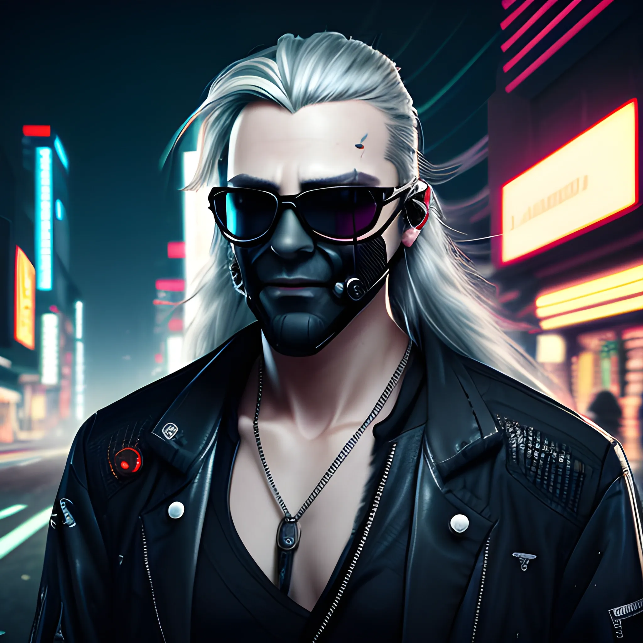 Cyberpunk style portrait of a handsome male, with long silver hair pulled back. Wearing a black facemask and sunglasses in a night time cyberpunk city street.