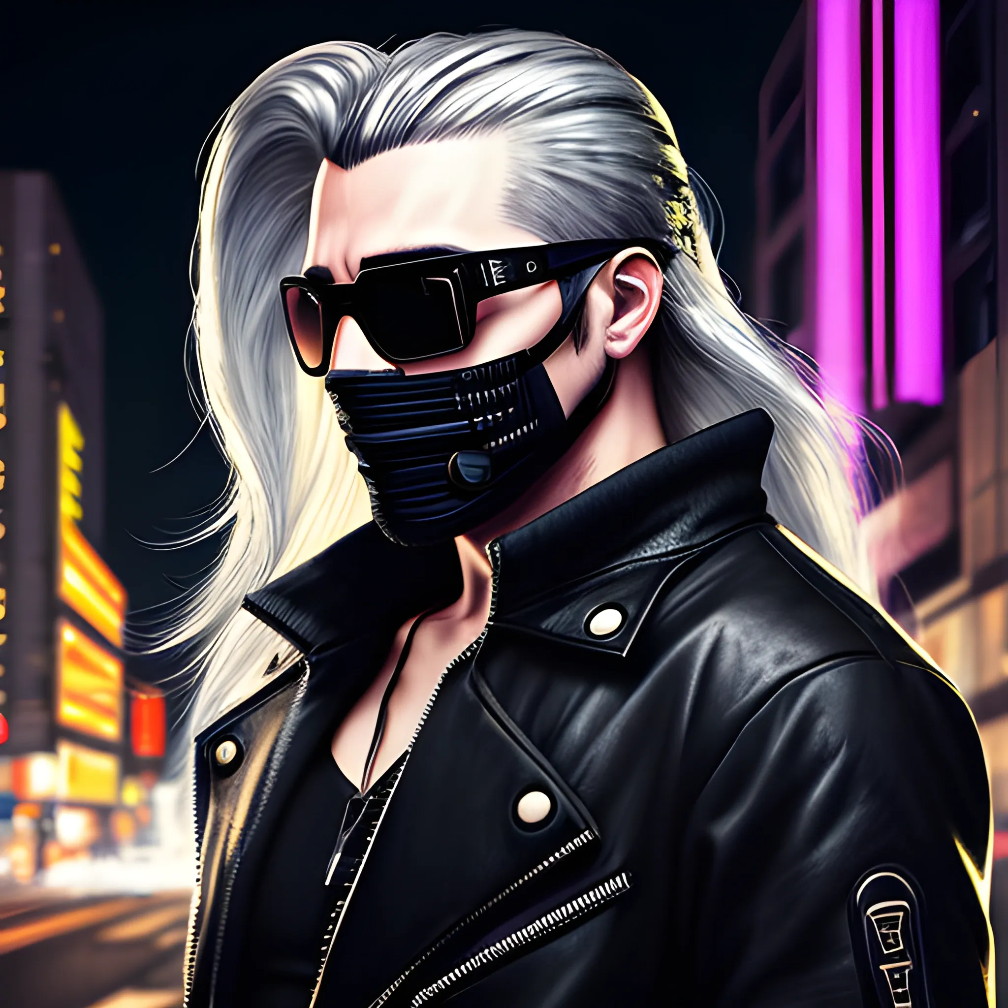 Cyberpunk style portrait of a handsome male, with long silver hair pulled back. Wearing a black mask and sunglasses in a night time cyberpunk city street.