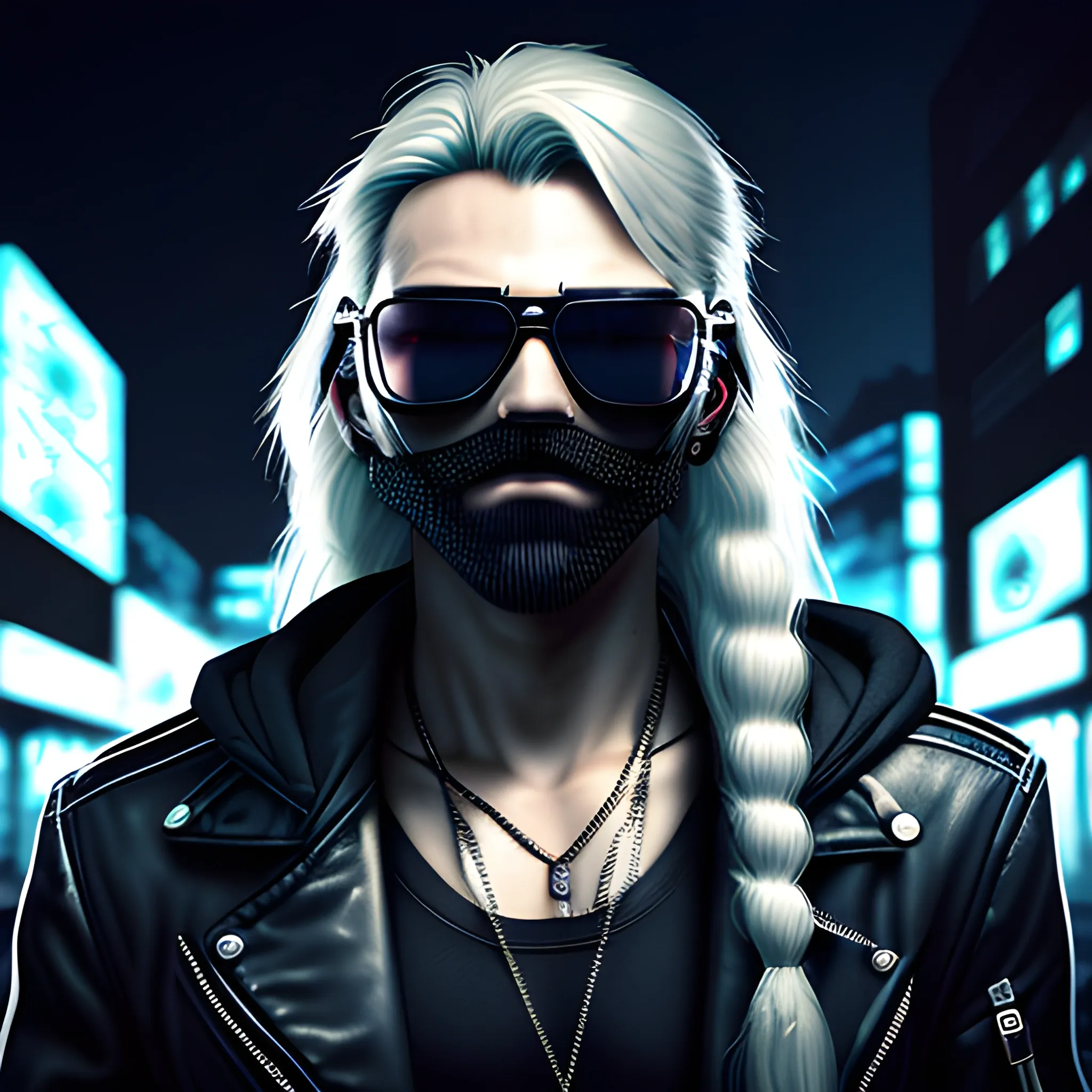 Cyberpunk style portrait of a handsome male, with long silver hair pulled back. Wearing a black mask and sunglasses in a night time cyberpunk city street.