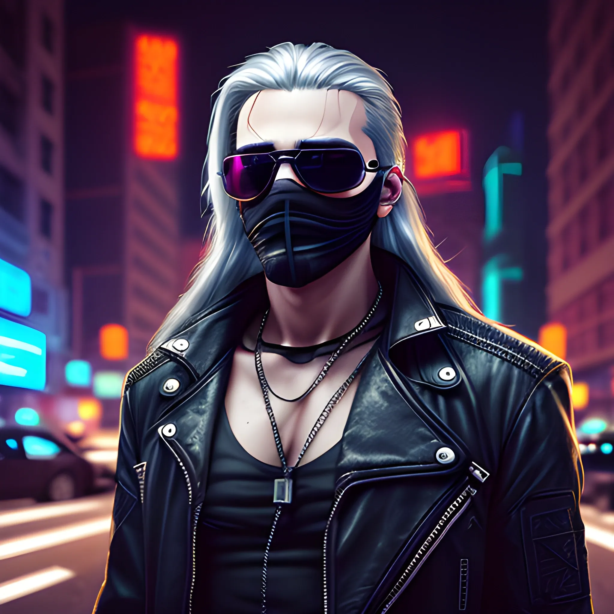 Cyberpunk style portrait of a handsome male, with long silver hair pulled back. Wearing a black mask and sunglasses in a night time cyberpunk city street.