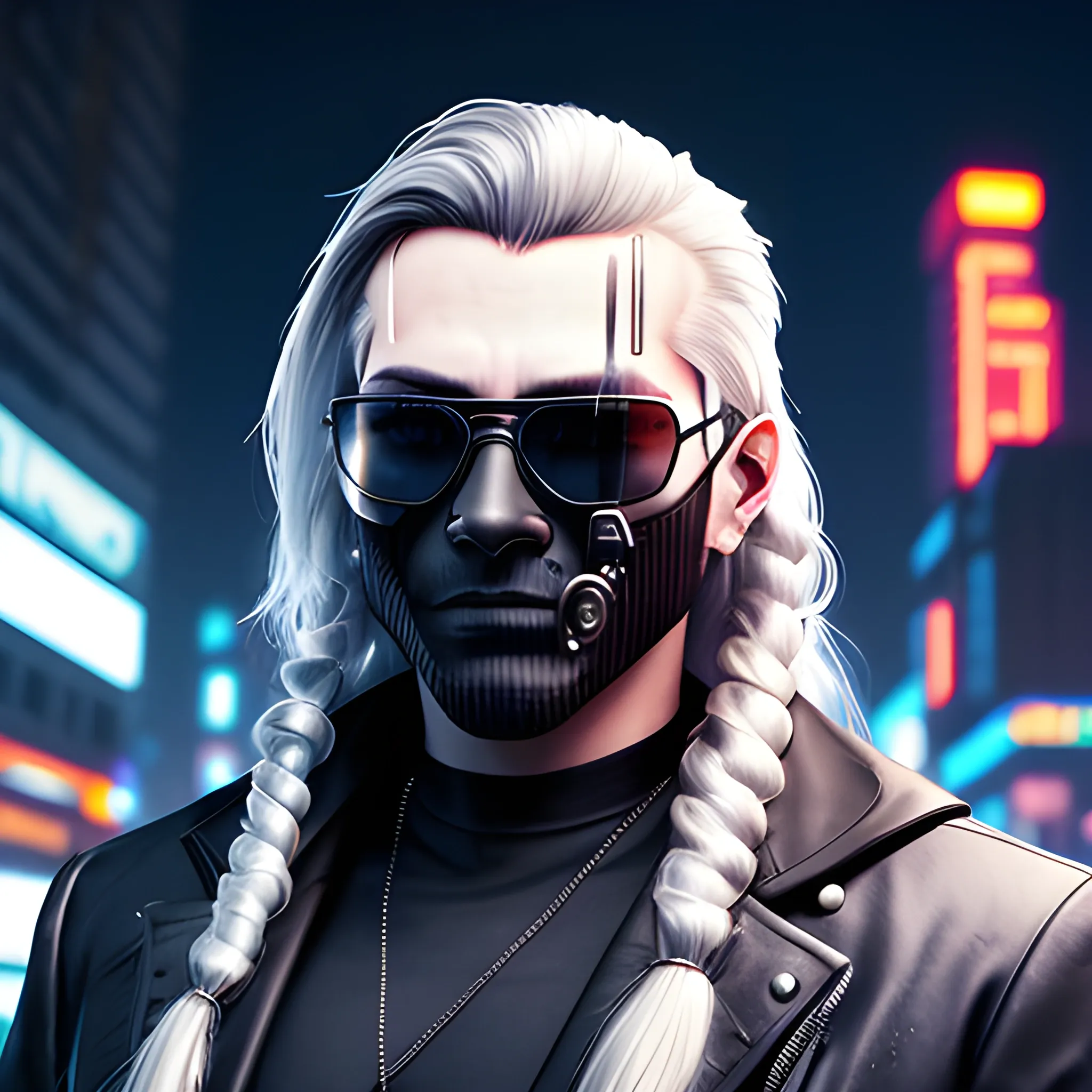 portrait of a handsome Cyberpunk male, with long silver hair pulled back. Wearing a black mask and sunglasses in a night time cyberpunk city street.