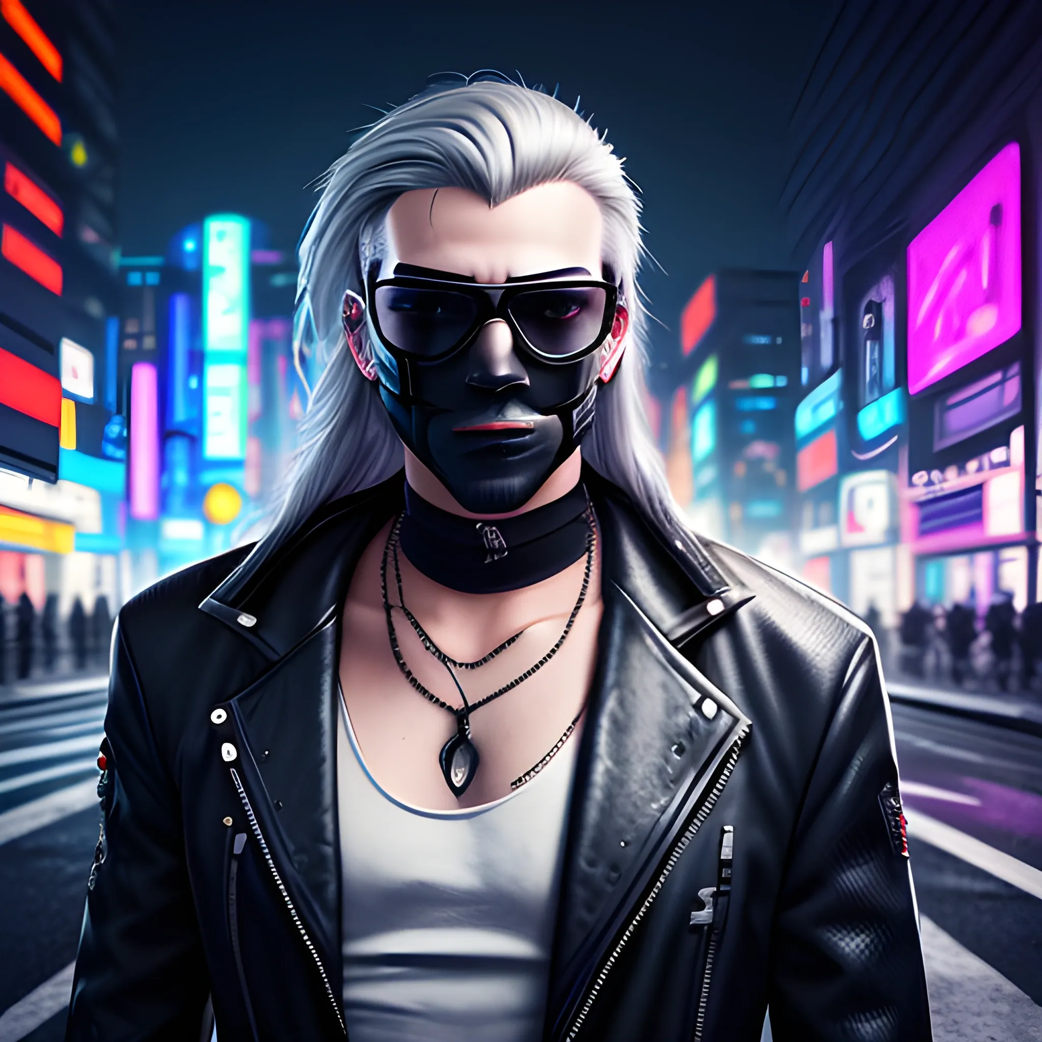portrait of a handsome Cyberpunk male, with long silver hair pulled back. Wearing a black mask and sunglasses in a night time cyberpunk city street.