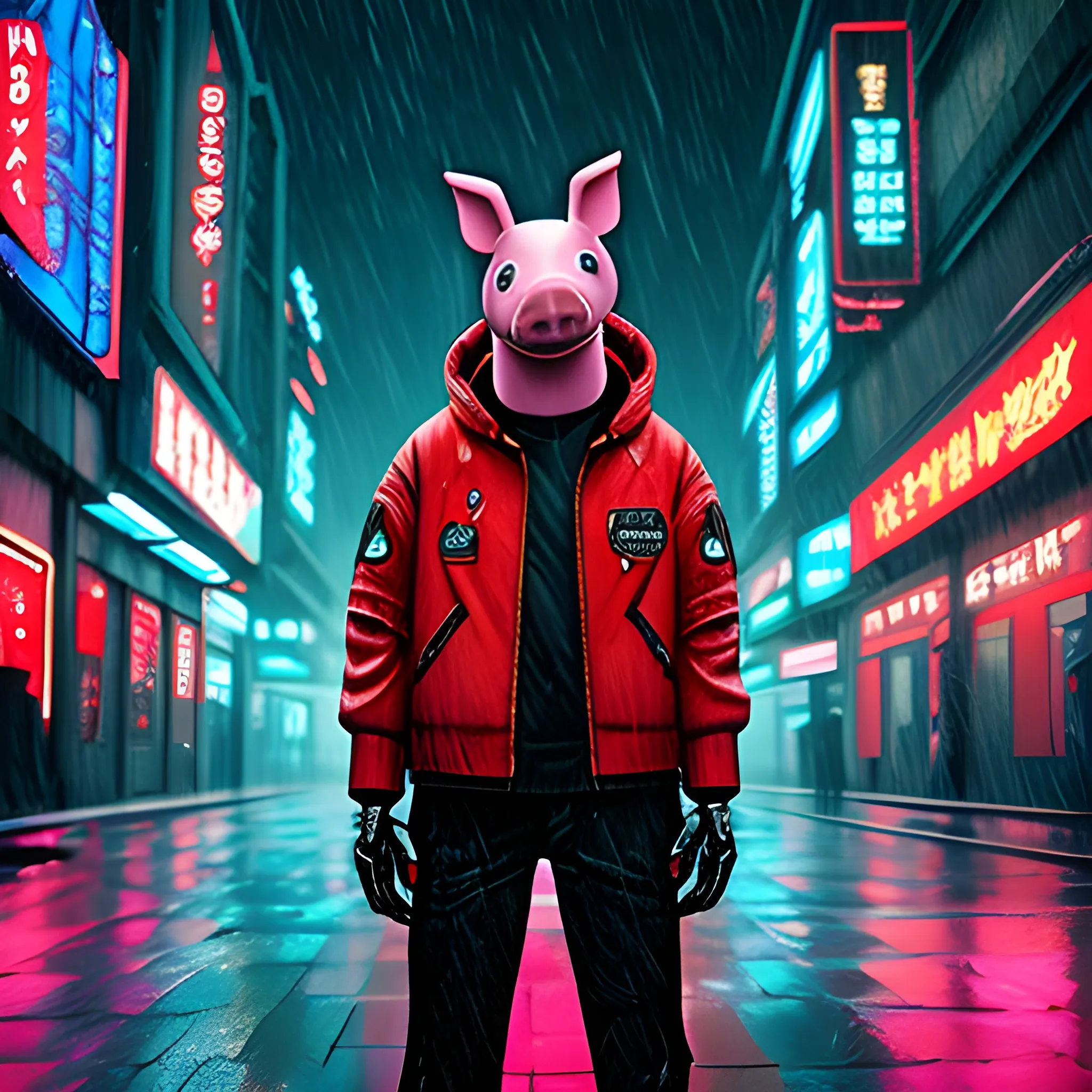 Robot pig in space city, cyberpunk, red jacket in the rain
