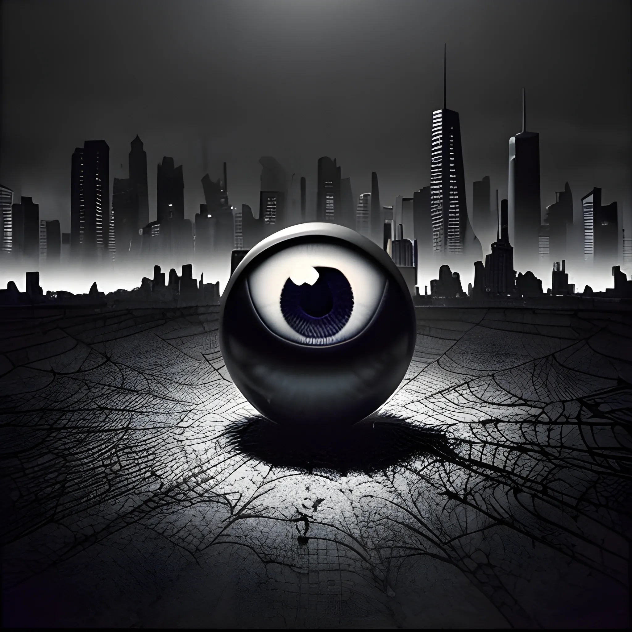 "rfktrstyle, An exquisite and high-resolution macro photograph capturing the surreal scene of a spider delicately traversing a sinister and enigmatic eyeball. Set against the backdrop of a dystopian cityscape, the lighting imparts a moody and mysterious ambiance. The image is framed with precision using Kodak Ultra Max film, employing an 85mm lens for meticulous detail.

Captured using a combination of an iPhone 7 and DSLR technology, the photograph boasts impeccable quality, presenting a photorealistic and raw portrayal of this dark surrealist concept. Rendered in stunning 4K resolution, it immerses the viewer in a visual narrative that teeters on the edge of the bizarre and the uncanny. The spider's journey across the eerie eyeball becomes a captivating exploration of the surreal within an urban dystopia."
