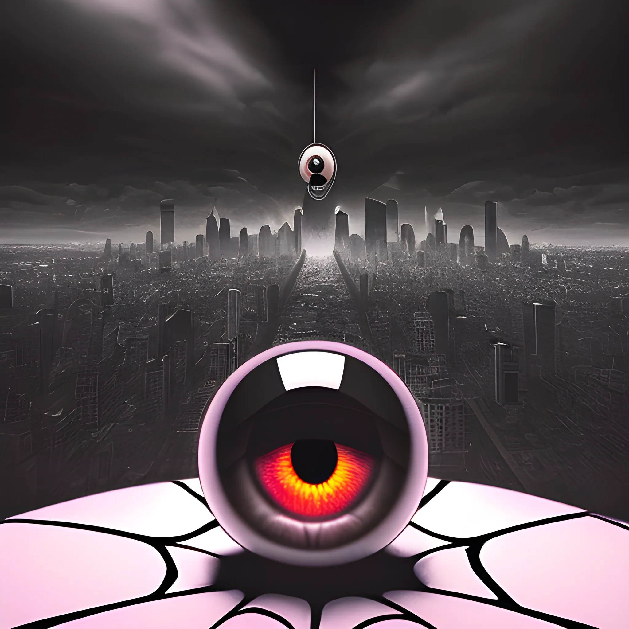 "rfktrstyle, A striking, high-quality close-up photograph featuring a spider atop a sinister, otherworldly eyeball. Set against the backdrop of a dystopian cityscape, the lighting imparts a moody and mysterious ambiance. The image is framed with precision using Kodak Ultra Max film, employing an 85mm lens for meticulous detail.

Captured using a combination of an iPhone 7 and DSLR technology, the photograph boasts impeccable quality, presenting a photorealistic and raw portrayal of this dark surrealist concept. Rendered in stunning 4K resolution, it immerses the viewer in a visual narrative that teeters on the edge of the bizarre and the uncanny. The spider's journey across the eerie eyeball becomes a captivating exploration of the surreal within an urban dystopia."