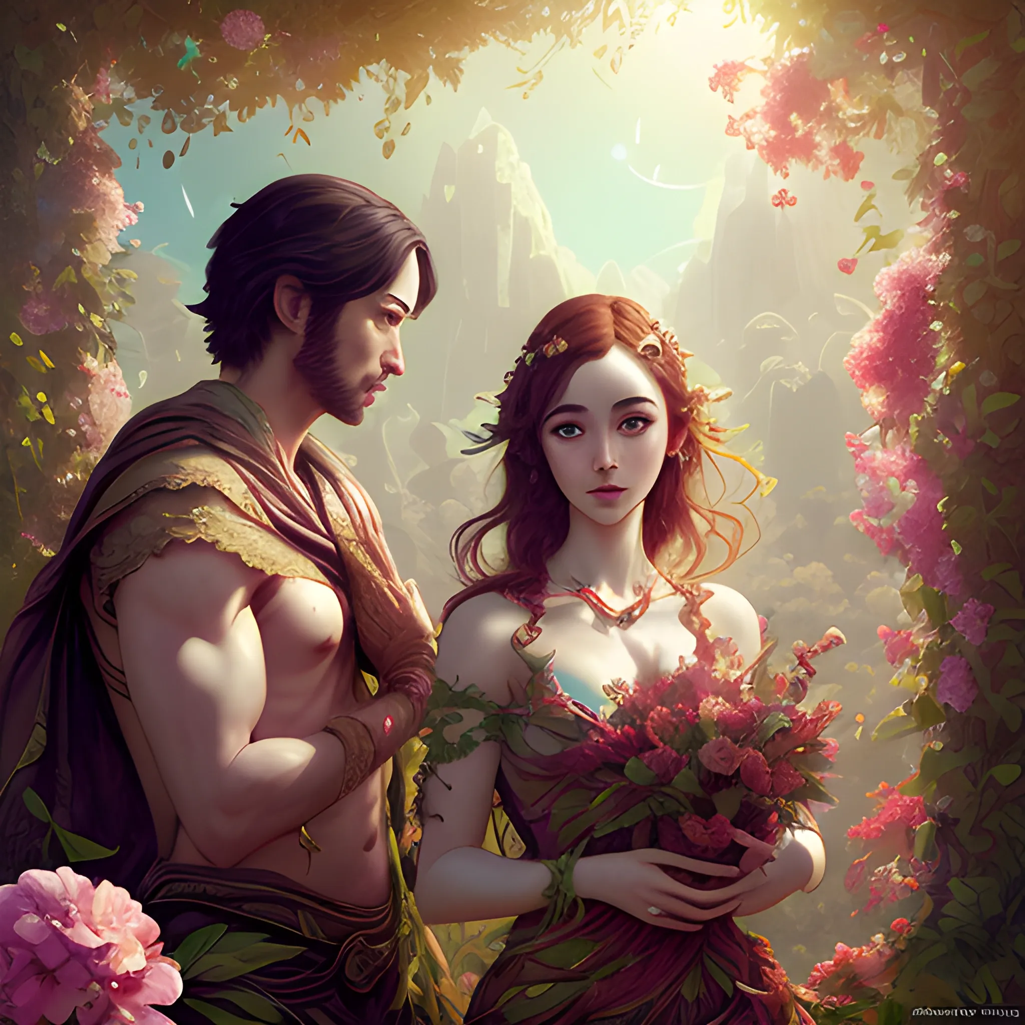 adam and eve, Ross tran, artist interpretation, no man's sky, lush flowers intricate jewellery, gorgeous Kacey Rohl, in the style of Yoshitaka Amano, by federico de madrazo y kuntz, strudels and birthday presents all around, digital art dynamic dramatic lighting