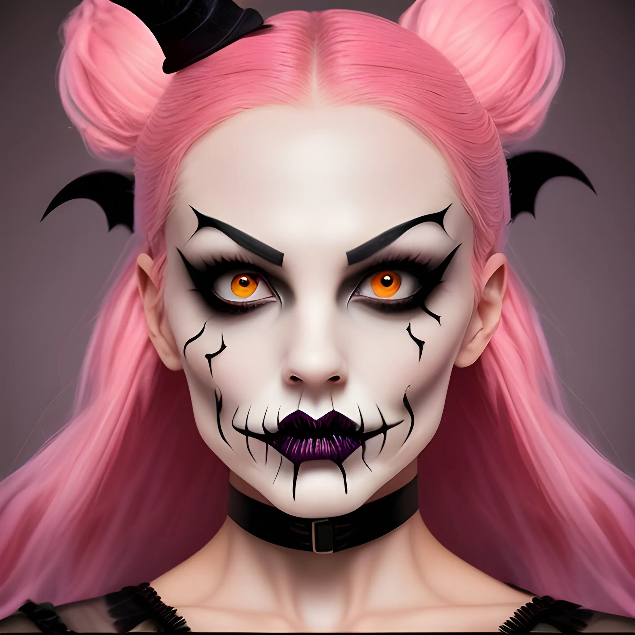 Generate a visually striking and attention-grabbing promotional image for the sale of Halloween-themed contact lenses. Utilize a color palette that includes various shades of pink and incorporate Halloween-themed design elements. Please design the image layout in a way that leaves space for me to insert a picture of the model, and also leave the text spaces empty, so I can add my own text later. The image should be both impactful and alluring to drive Halloween sales. Thank you for your assistance!