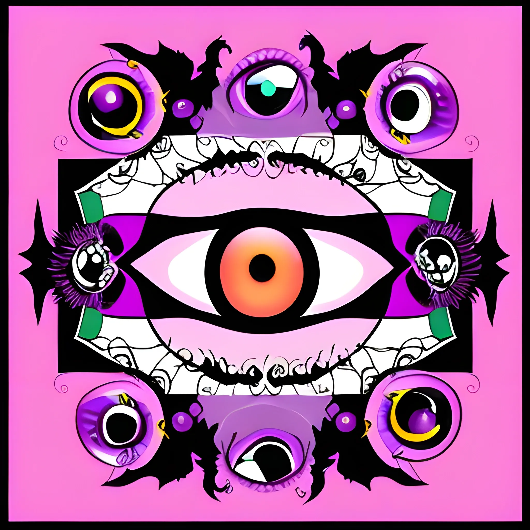 "Generate a visually striking and attention-grabbing promotional Instagram post for the sale of Halloween-themed contact lenses. Utilize a color palette that includes various shades of pink and incorporate Halloween-themed design elements. Please design the image layout in the format of an Instagram post, leaving space for me to insert a picture of the model and also leave the text spaces empty for later customization. The post should be both impactful and alluring to drive Halloween sales. Thank you for your assistance!"