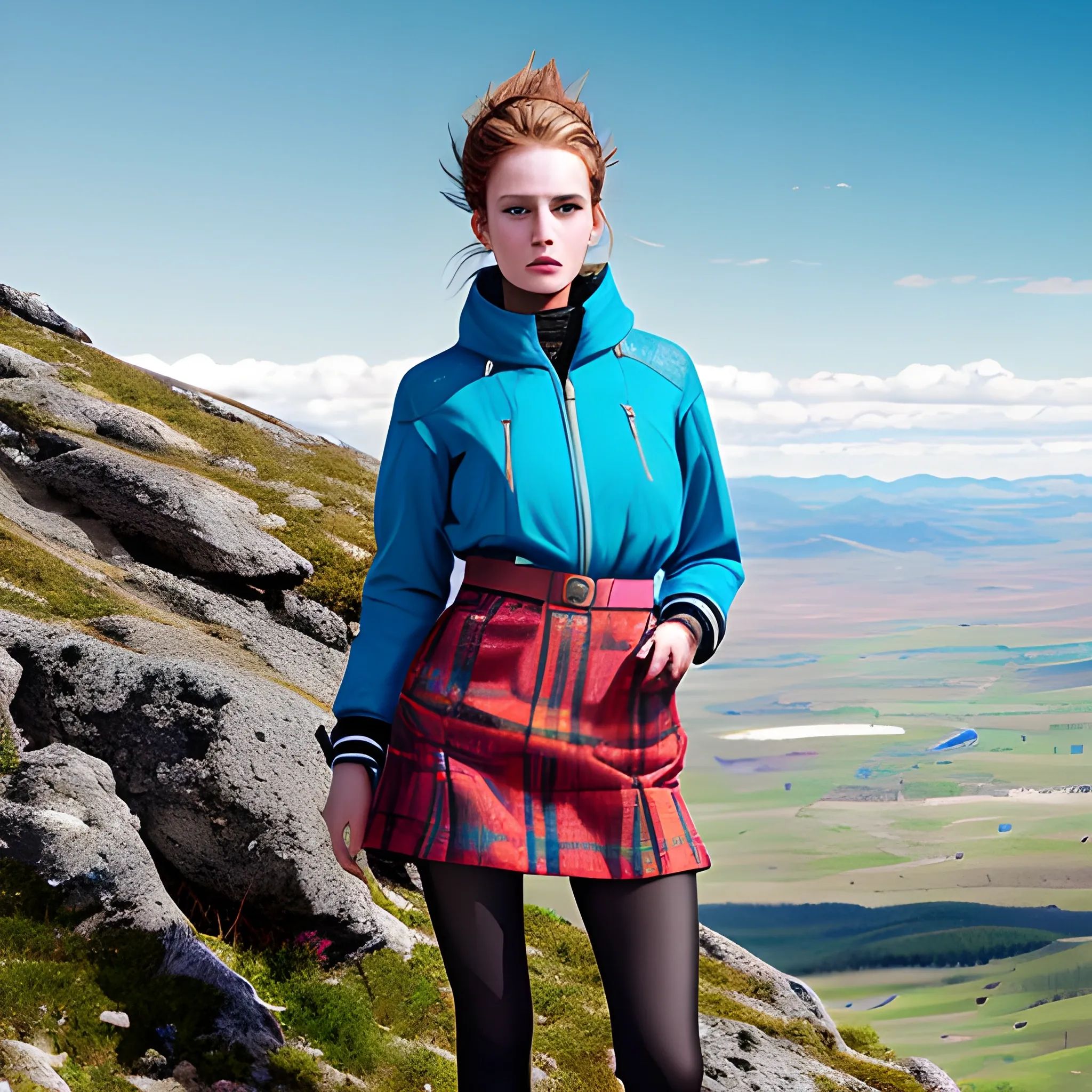 Female model, wearing fashionable style on a mountain on the plateau, high definition, super detailed, super quality, bright colors, documentary style