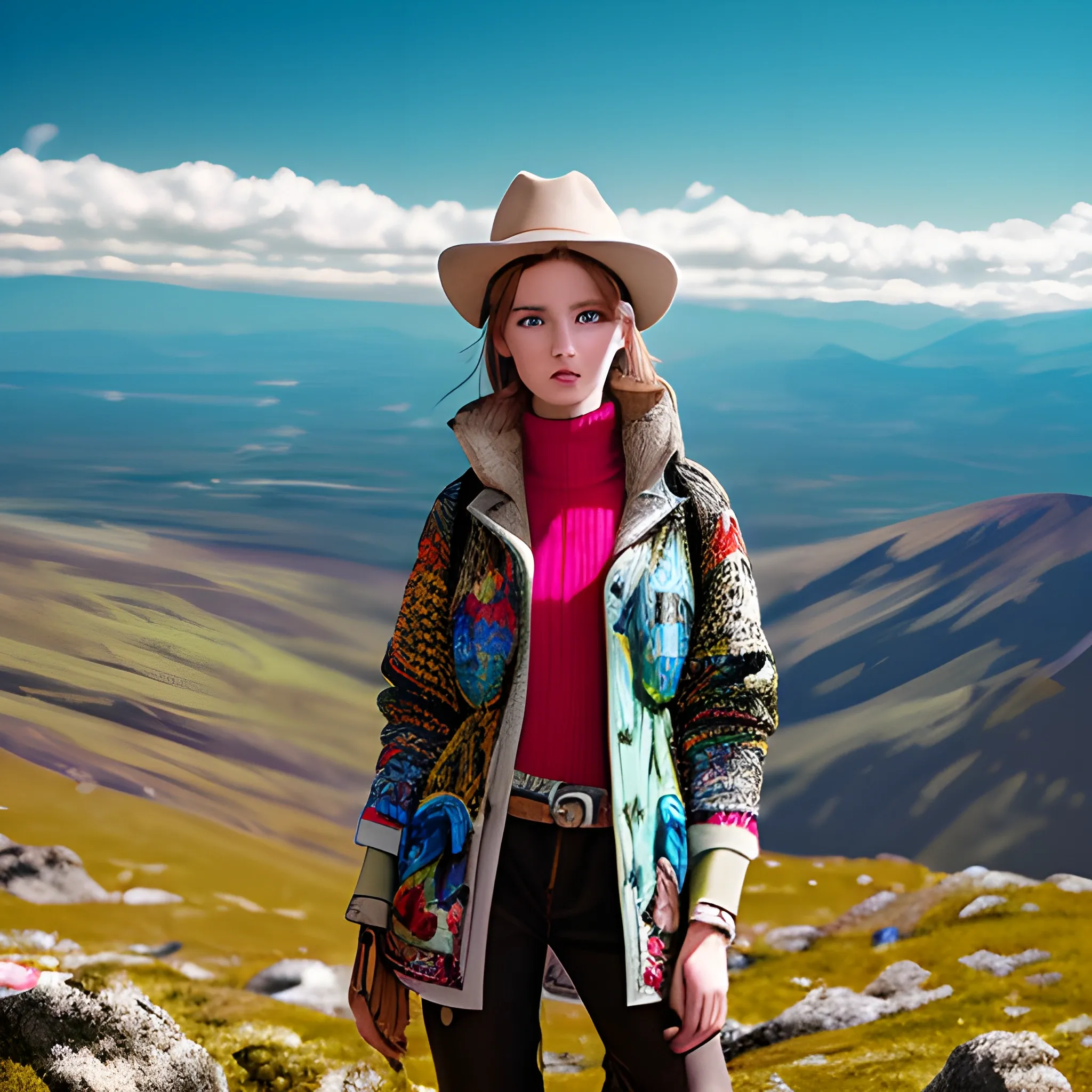 Female model, wearing fashionable style on a mountain on the plateau, high definition, super detailed, super quality, bright colors, documentary style