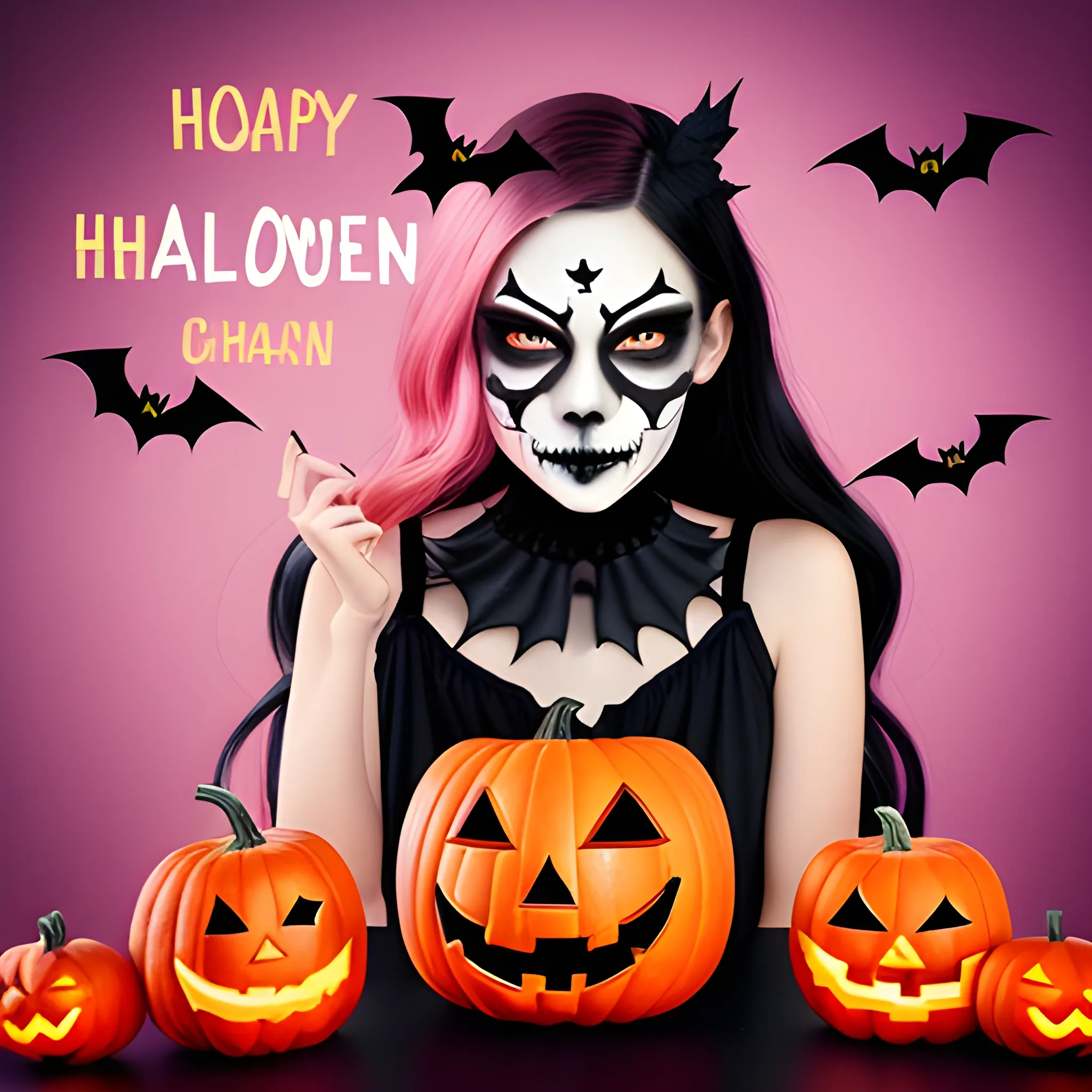 "Generate a visually striking Instagram post to promote Halloween-themed contact lenses. Design with meticulous attention to detail, emphasizing studio-like lighting. Create a model with mixed Asian-Latino features, paying special attention to the face and eyes. Use shades of pink and Halloween-themed elements. Format it as an Instagram post, leaving space for me to insert a model picture and text. The image should be cute, feminine, and realistic to drive Halloween sales. Thank you!"
