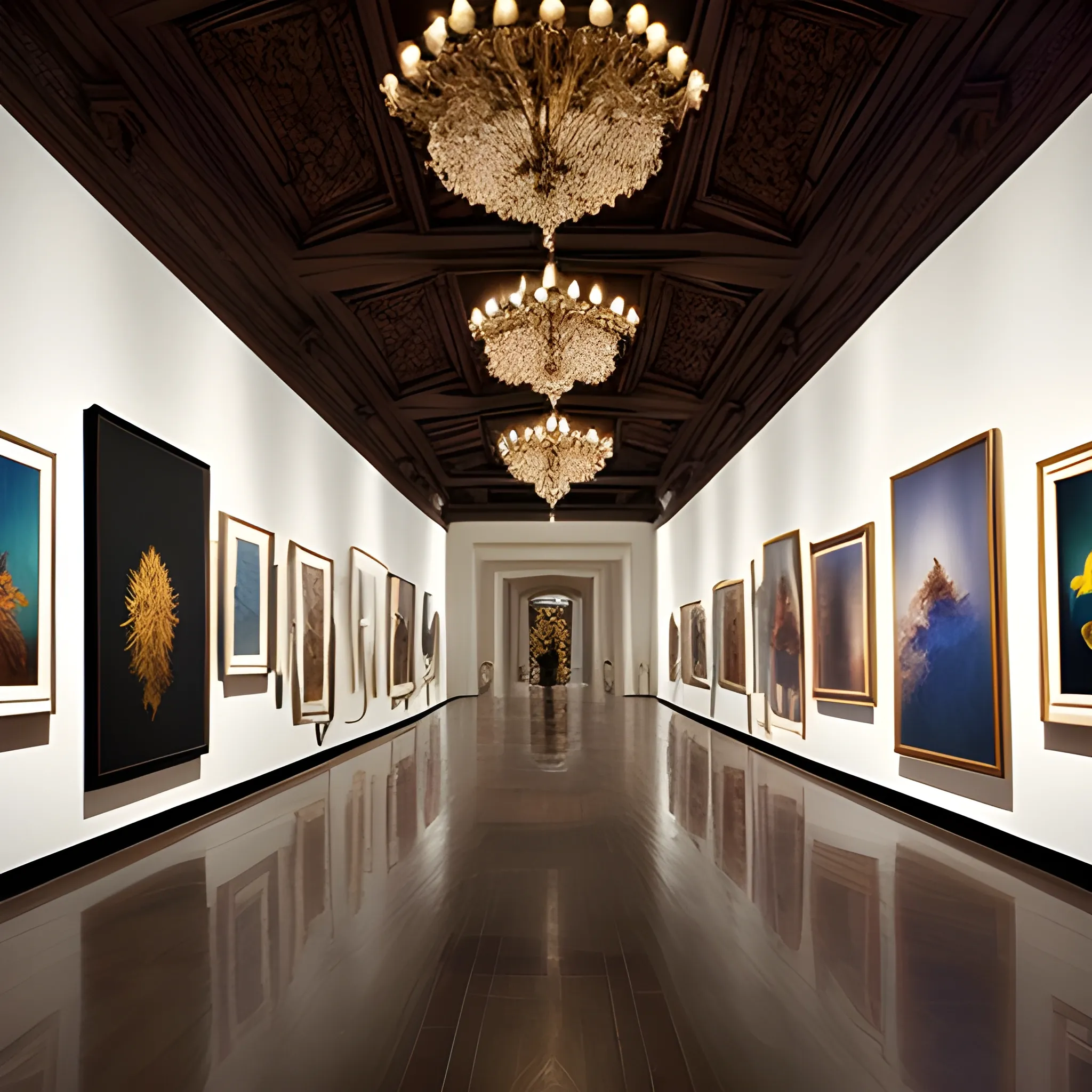 art exhibition room, gorgeous, gallery, luxurious, dark, many displayed photos, symmetric hall