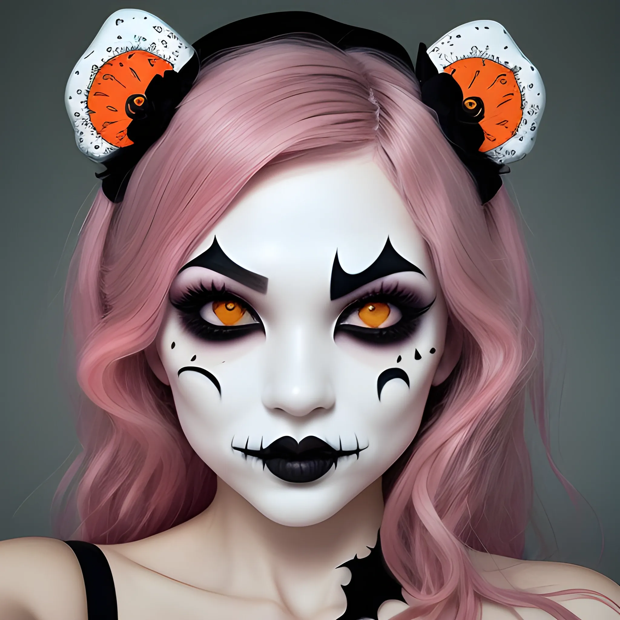 "Generate a visually striking Instagram post to promote Halloween-themed contact lenses. Design with meticulous attention to detail, emphasizing studio-like lighting. Create a model with mixed Asian-Latino features, paying special attention to the face and eyes. Use shades of pink and Halloween-themed elements. Format it as an Instagram post, leaving space for me to insert a model picture and text. The image should be cute, feminine, and realistic to drive Halloween sales. Thank you!"
