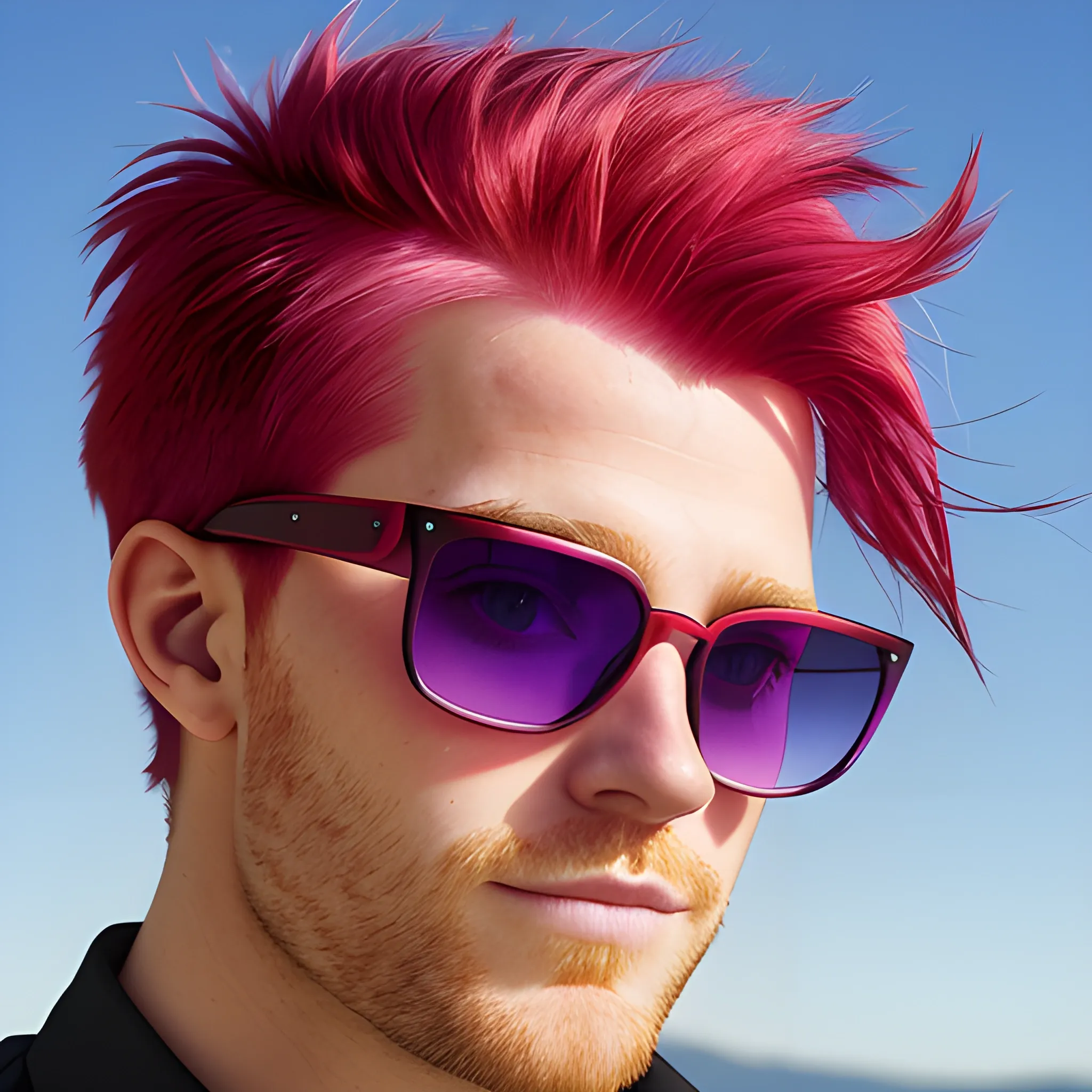 portrait of a Caucasian male with  red and purple hair wearing sunglasses.