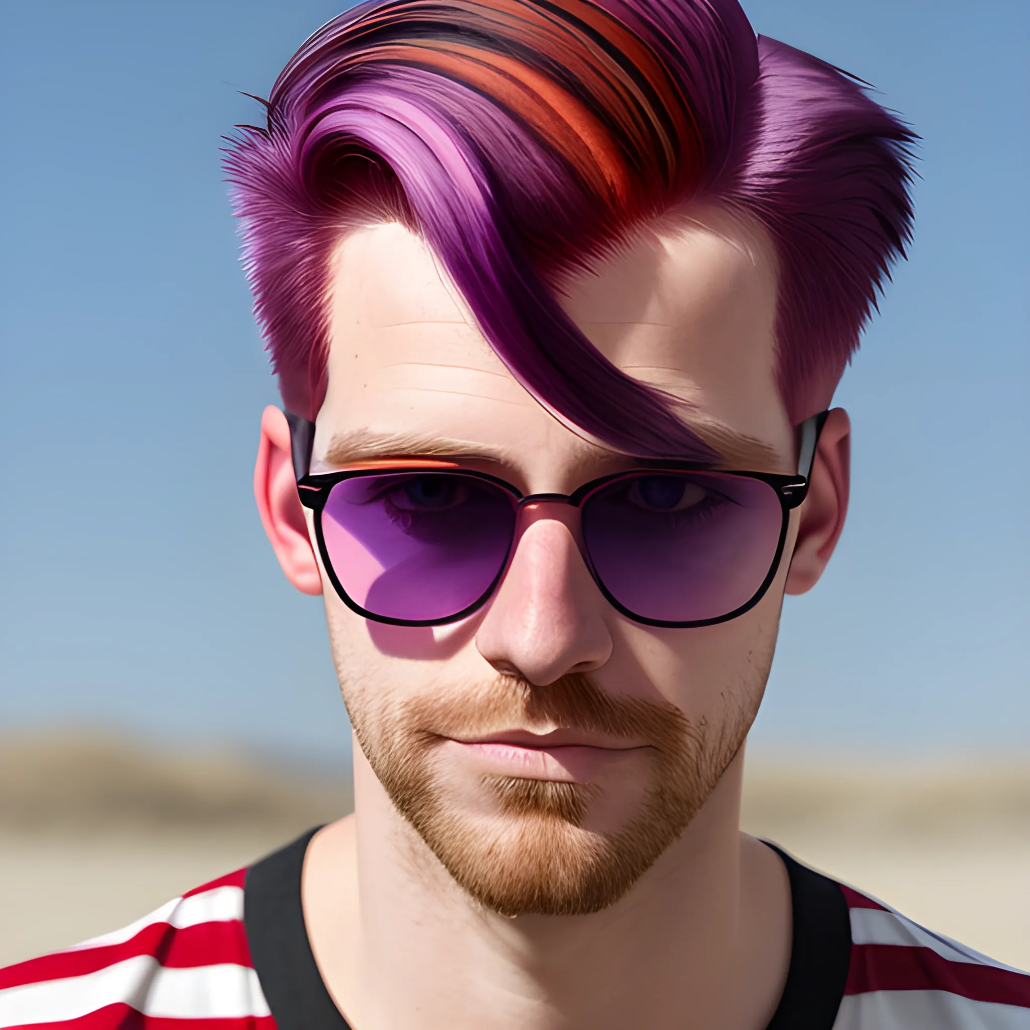 portrait of a Caucasian male no facial hair with red and purple striped hair wearing sunglasses.