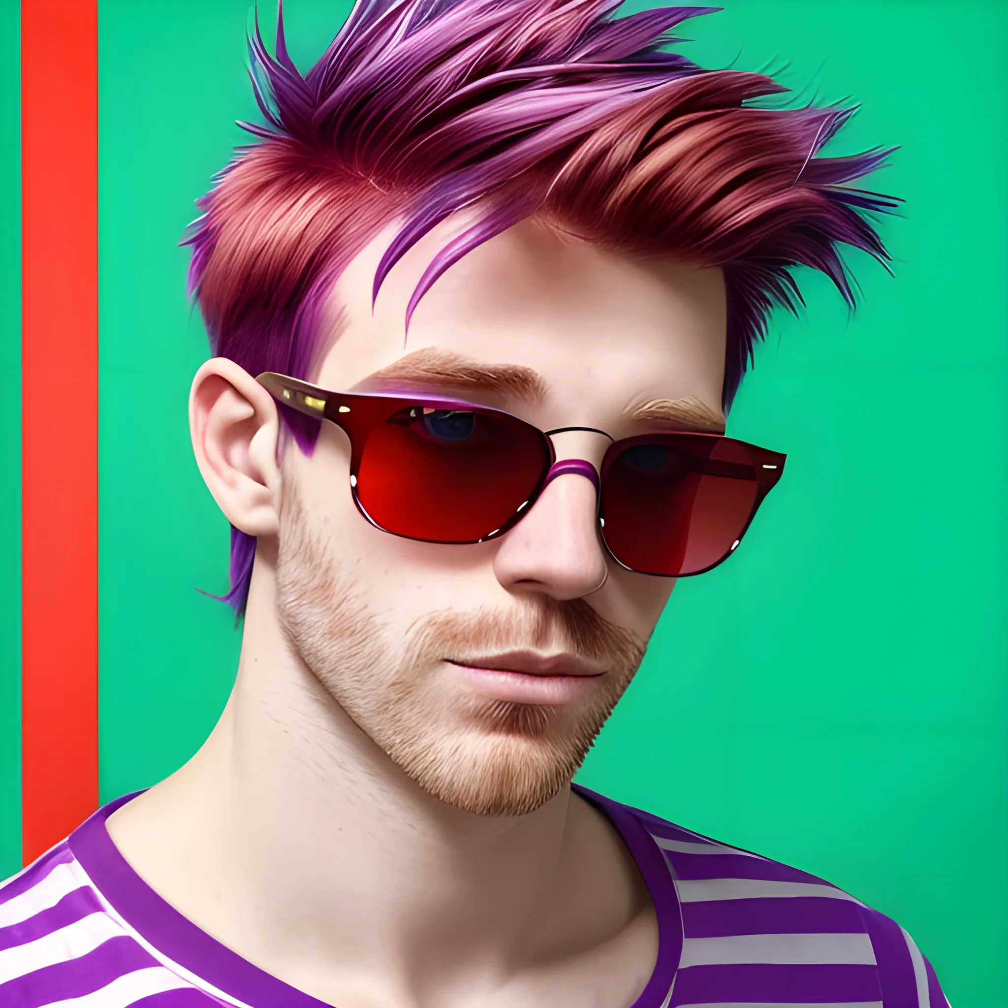portrait of a Caucasian male no facial hair with red and purple striped hair wearing sunglasses.