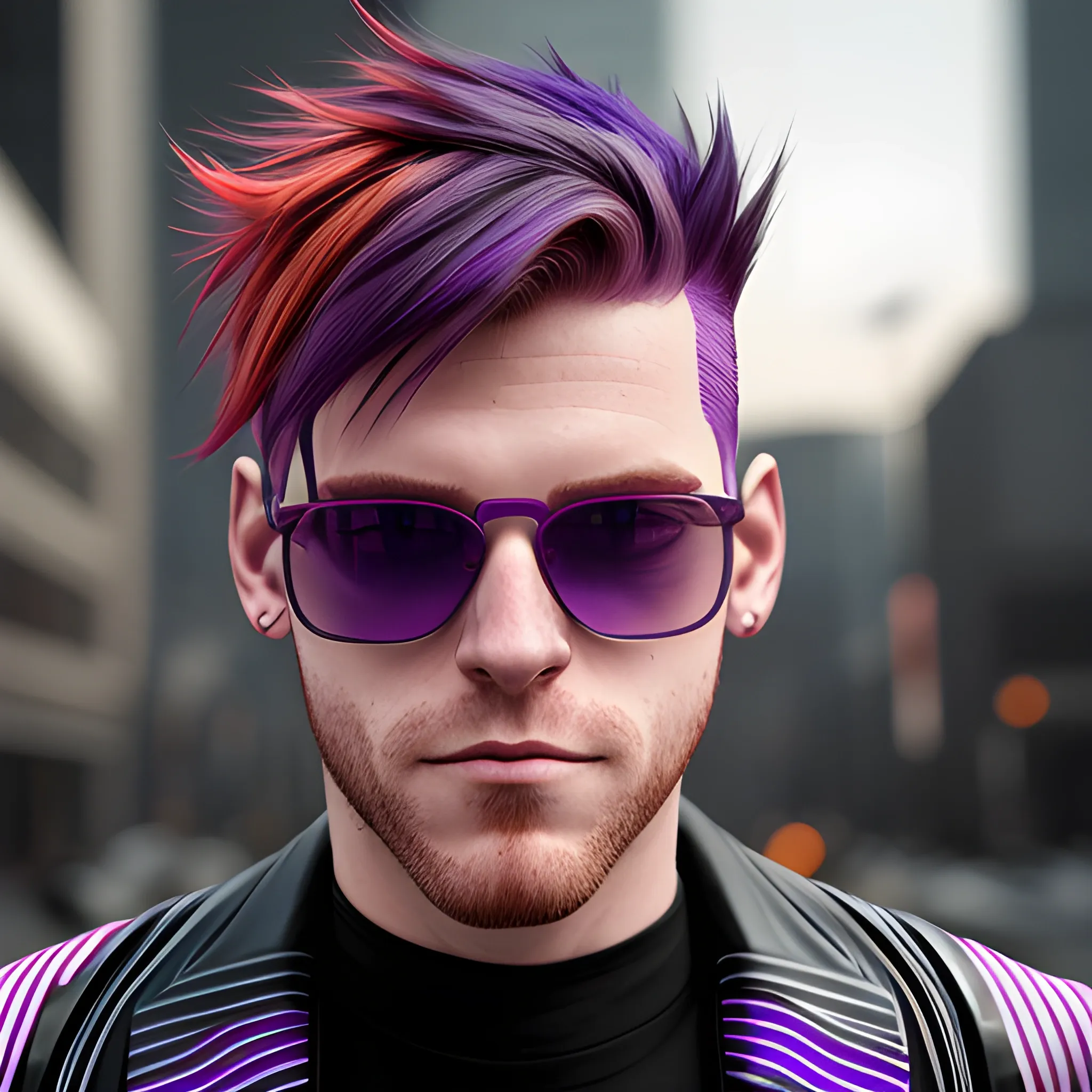 portrait of a Caucasian cyberpunk male no facial hair with red and purple striped hair wearing sunglasses.