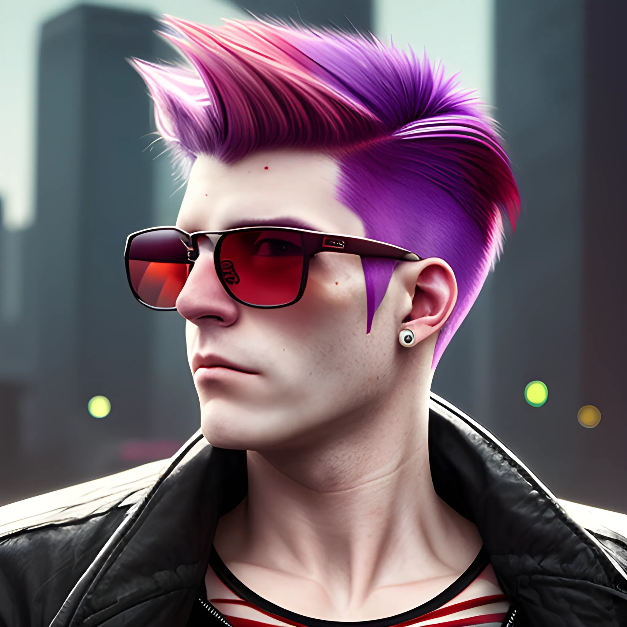 portrait of a Caucasian cyberpunk male clean shaven with red and purple striped hair wearing sunglasses.