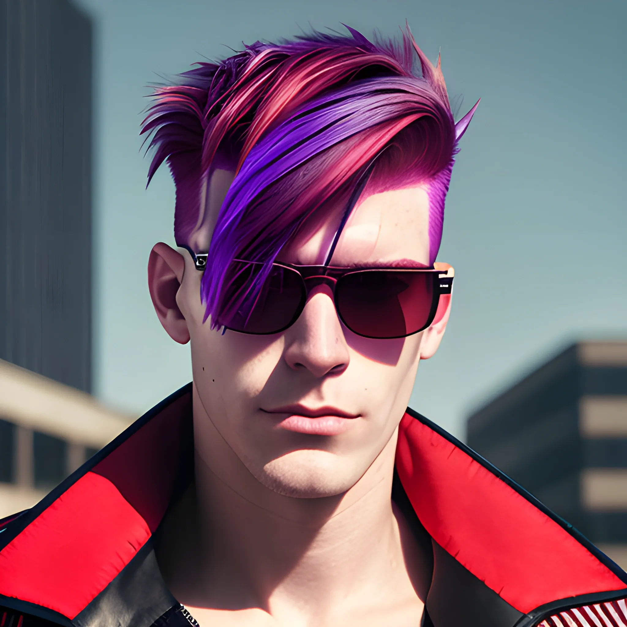 portrait of a Caucasian cyberpunk male clean shaven with red and purple striped hair wearing sunglasses.