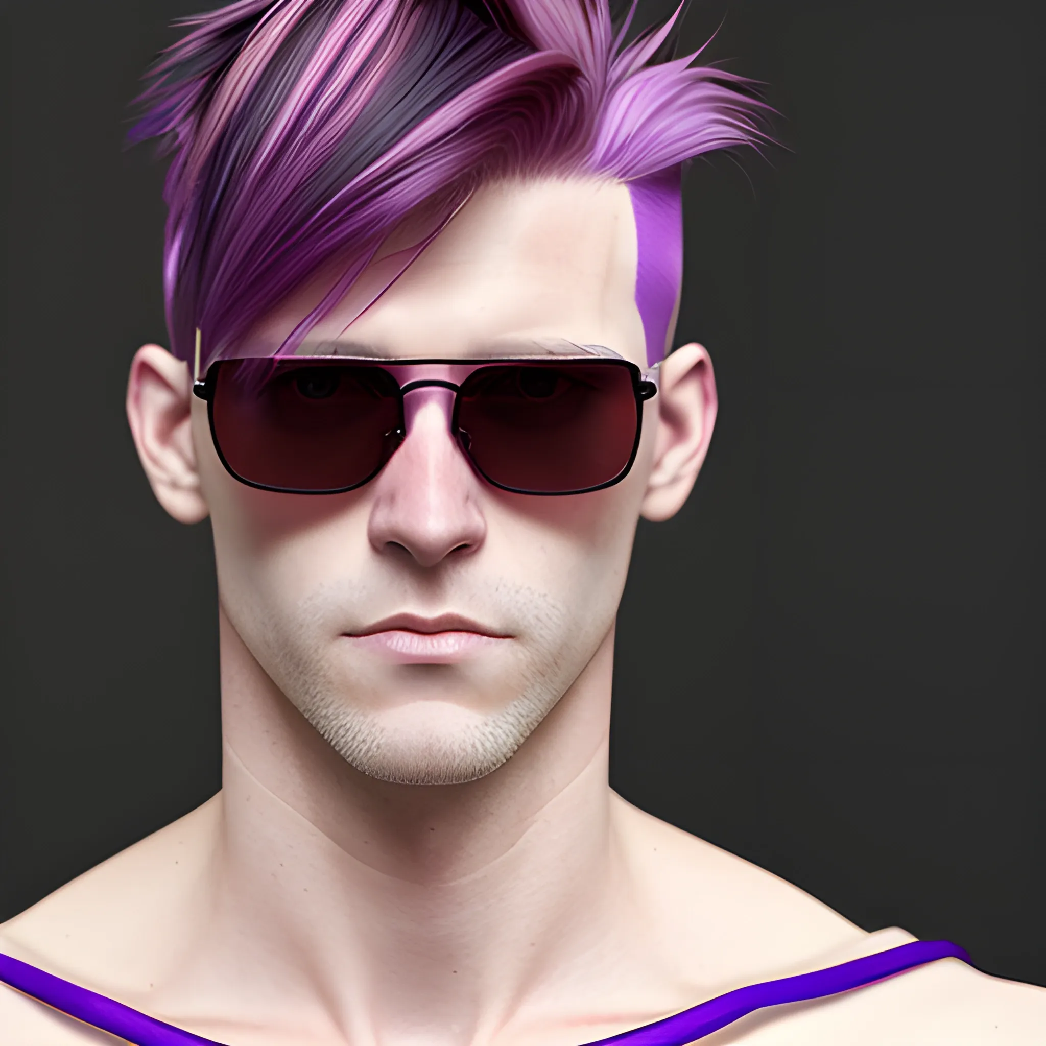 portrait of a Caucasian cyberpunk male clean shaven with shoulder length red and purple striped hair wearing sunglasses.