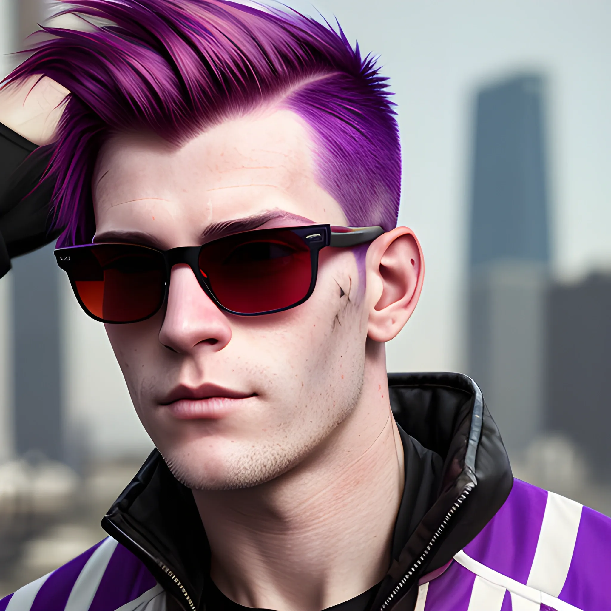 portrait of a Caucasian cyberpunk male clean shaven with shoulder length red and purple striped hair wearing sunglasses.