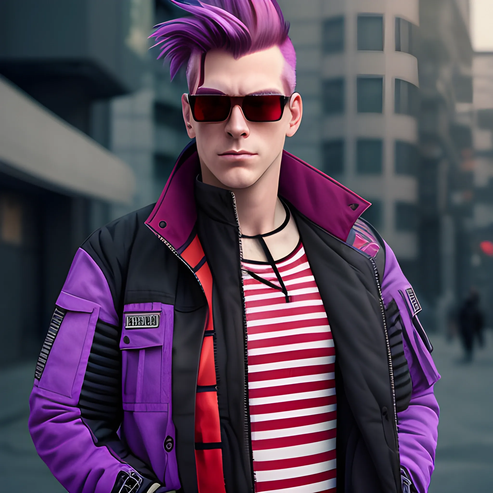 portrait of a Caucasian cyberpunk male clean shaven with shoulder length red and purple striped hair wearing sunglasses. coat and cargo pants