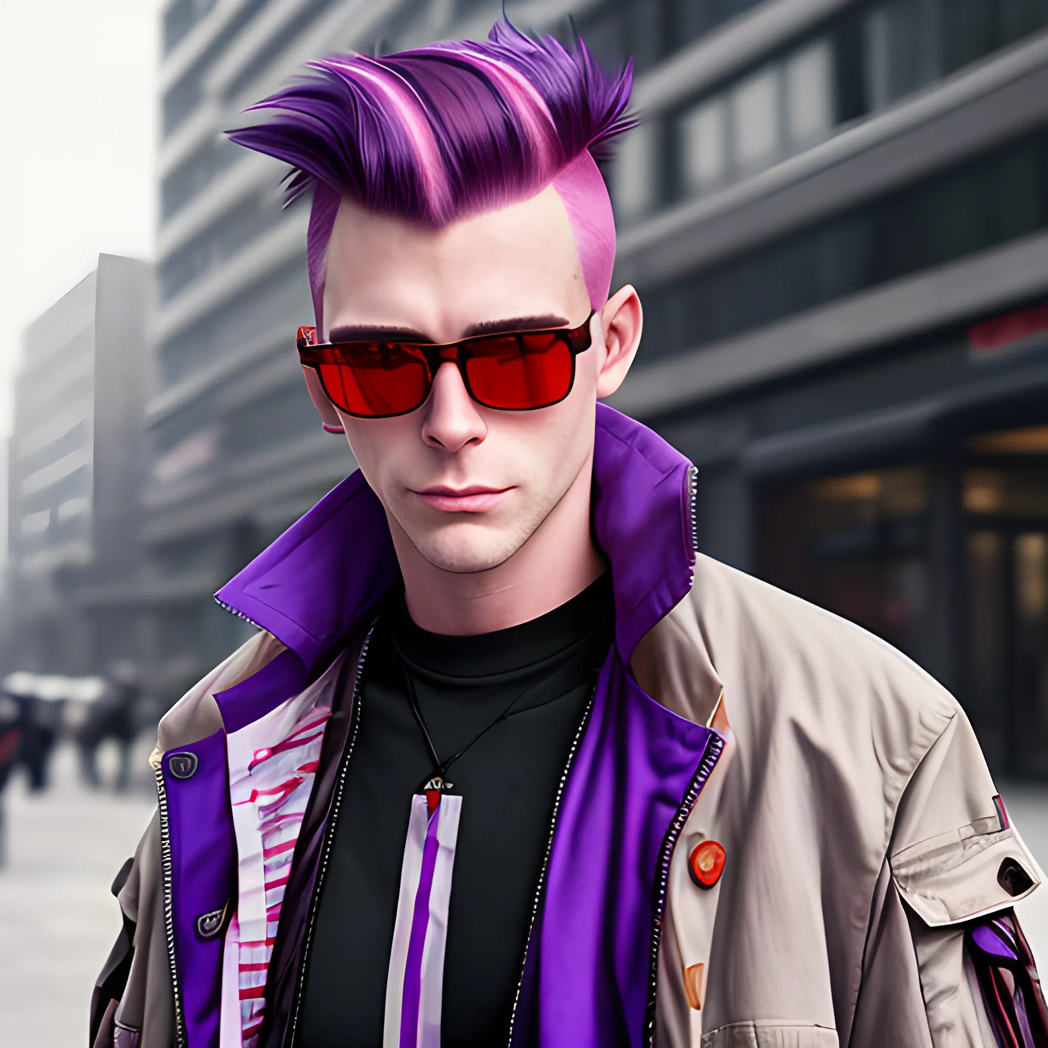 portrait of a Caucasian cyberpunk male clean shaven with long shoulder length red and purple striped hair wearing sunglasses. coat and cargo pants