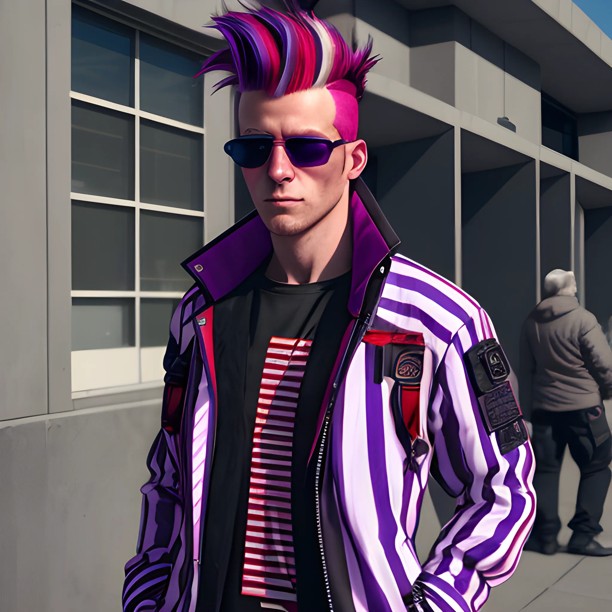 portrait of a Caucasian cyberpunk male clean shaven with long red and purple striped hair wearing sunglasses. coat and cargo pants