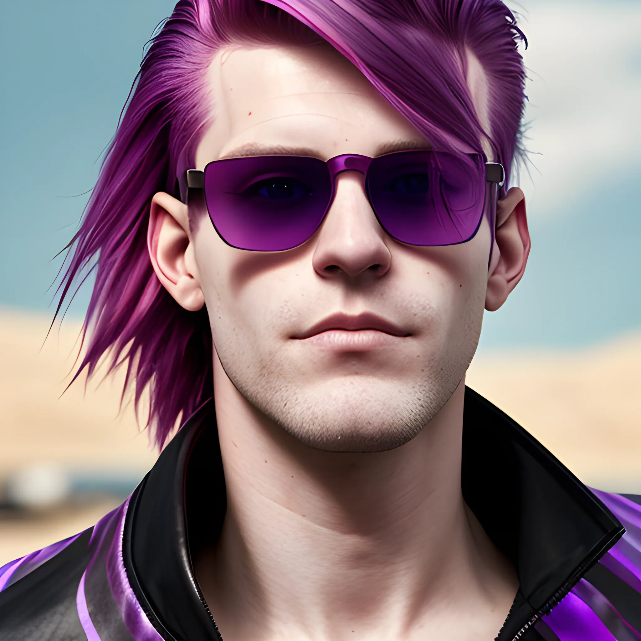 portrait of a Caucasian cyberpunk male clean shaven with shoulder length red and purple striped hair wearing sunglasses