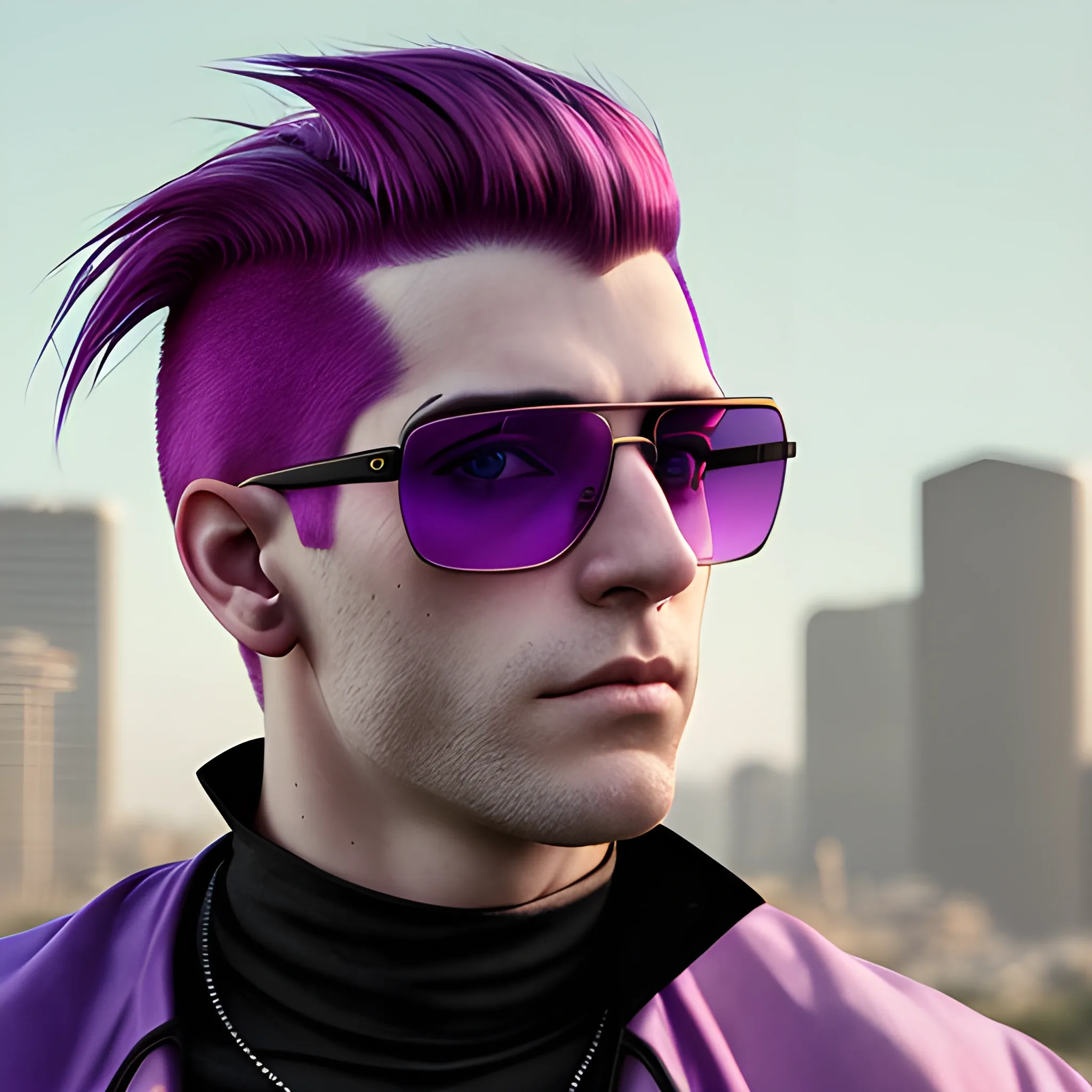 portrait of a Caucasian cyberpunk male clean shaven with lower-back length red and purple striped hair wearing sunglasses