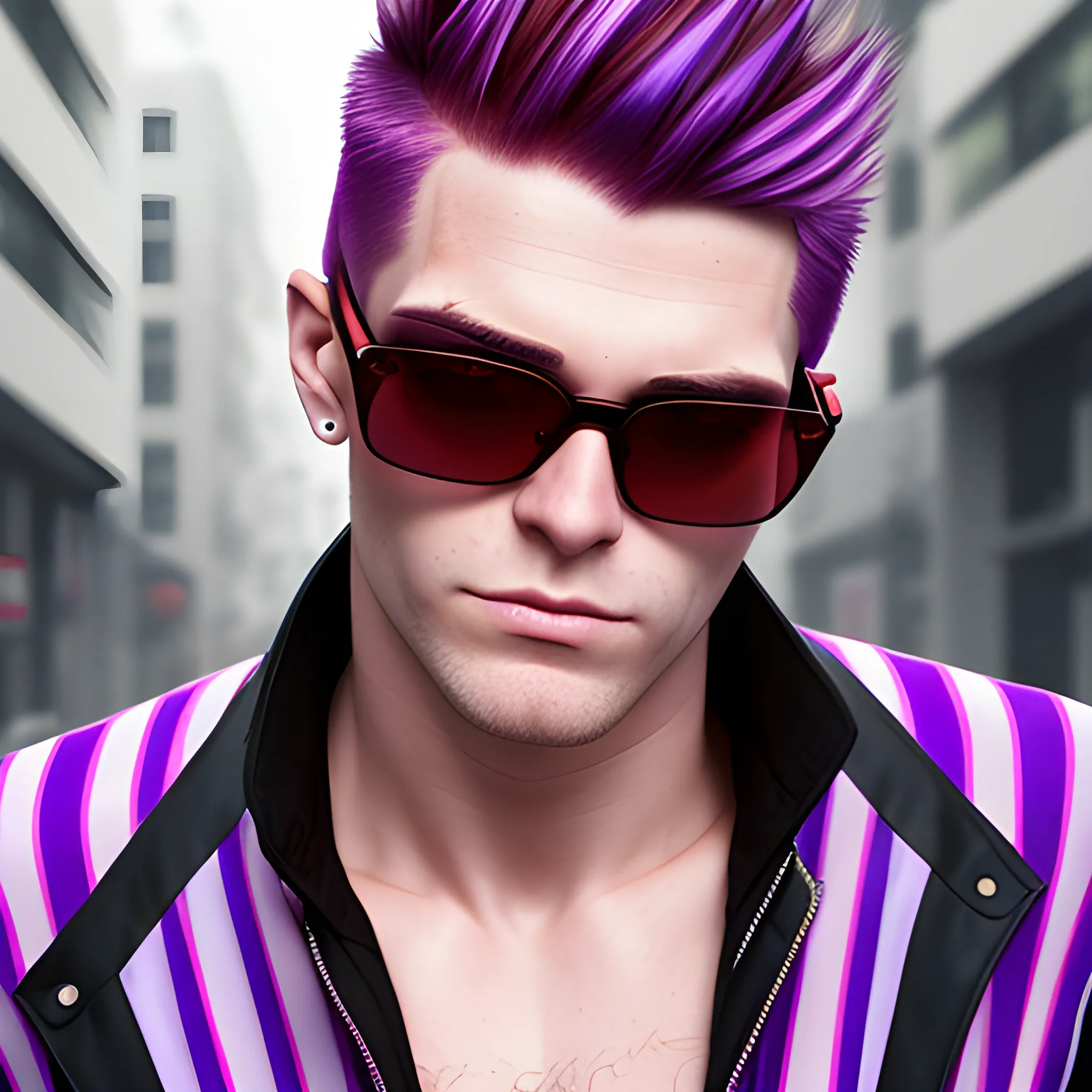 portrait of a Caucasian cyberpunk male clean shaven with lower-back length red and purple striped hair wearing sunglasses