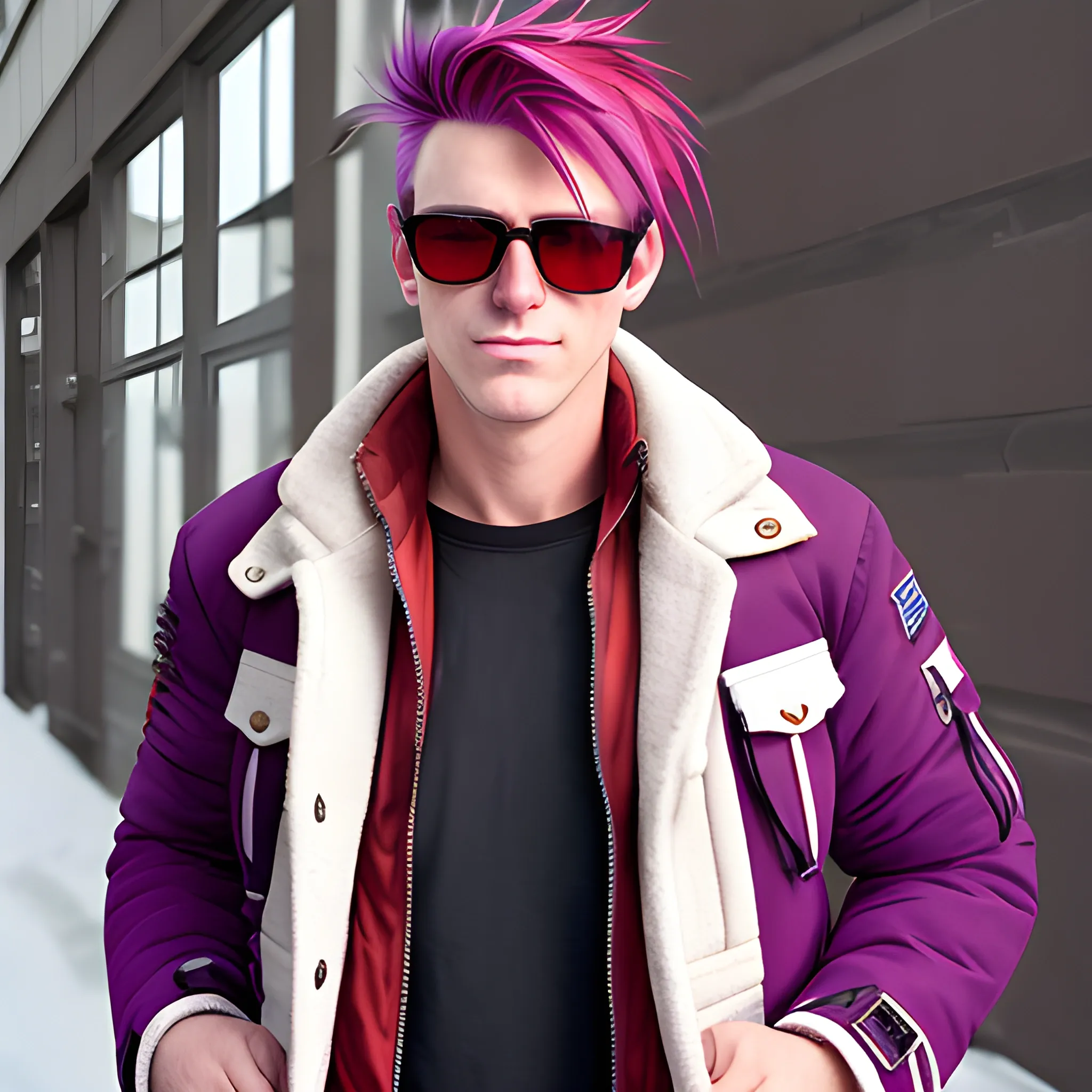 portrait of a Caucasian male clean shaven with long red and purple striped hair wearing sunglasses. coat and cargo pants