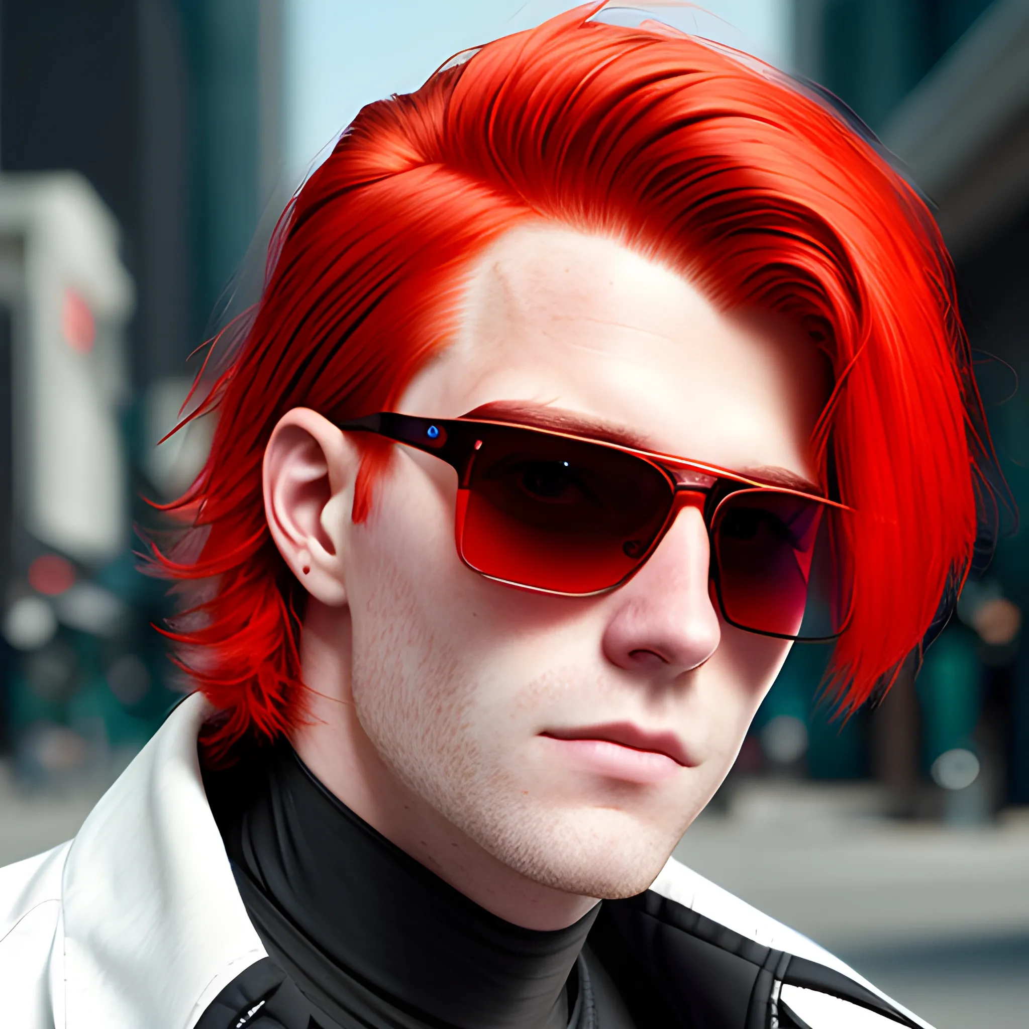 portrait of a Caucasian cyberpunk male clean shaven with lower-back length red hair wearing sunglasses