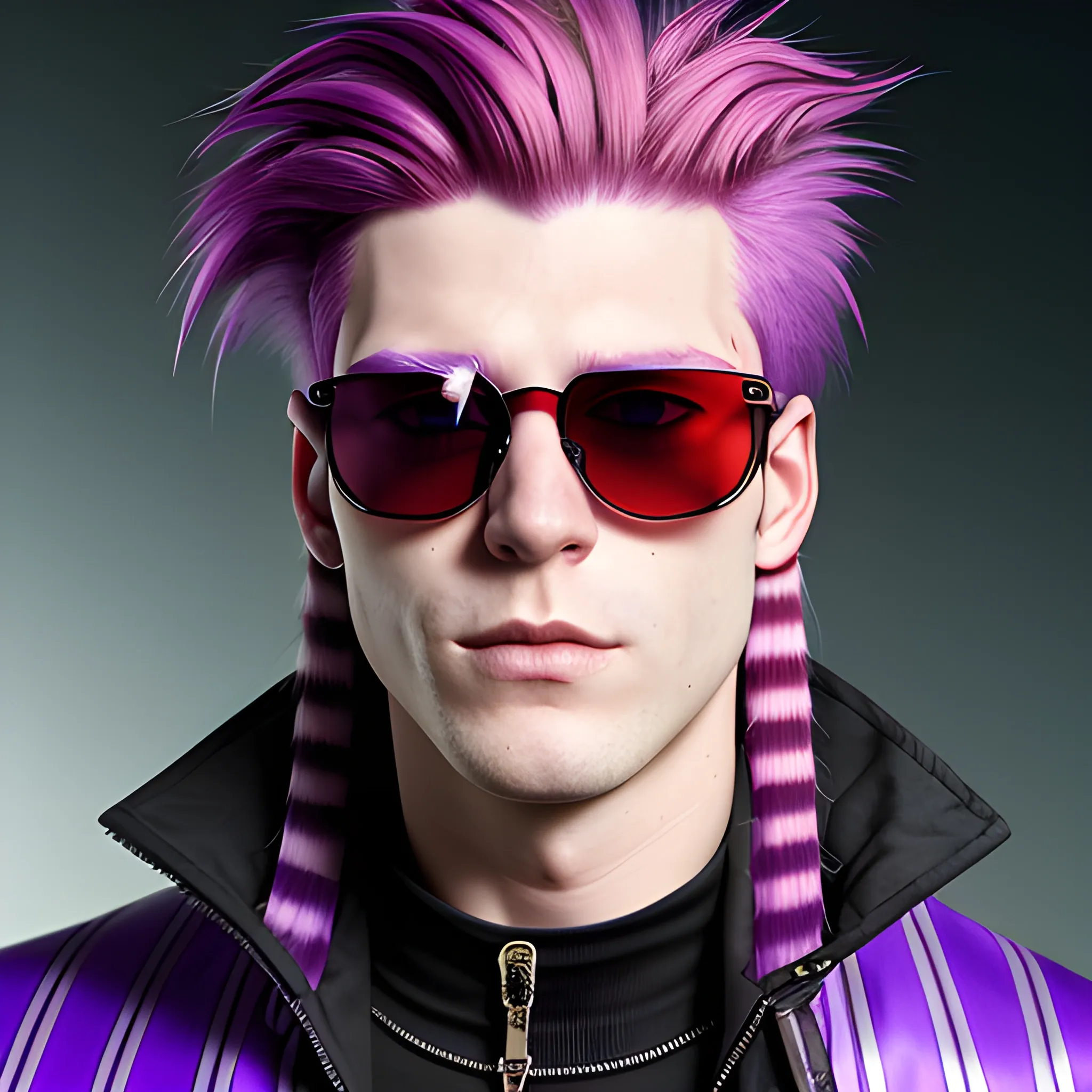 portrait of a Caucasian cyberpunk male clean shaven with long red and purple striped hair wearing sunglasses