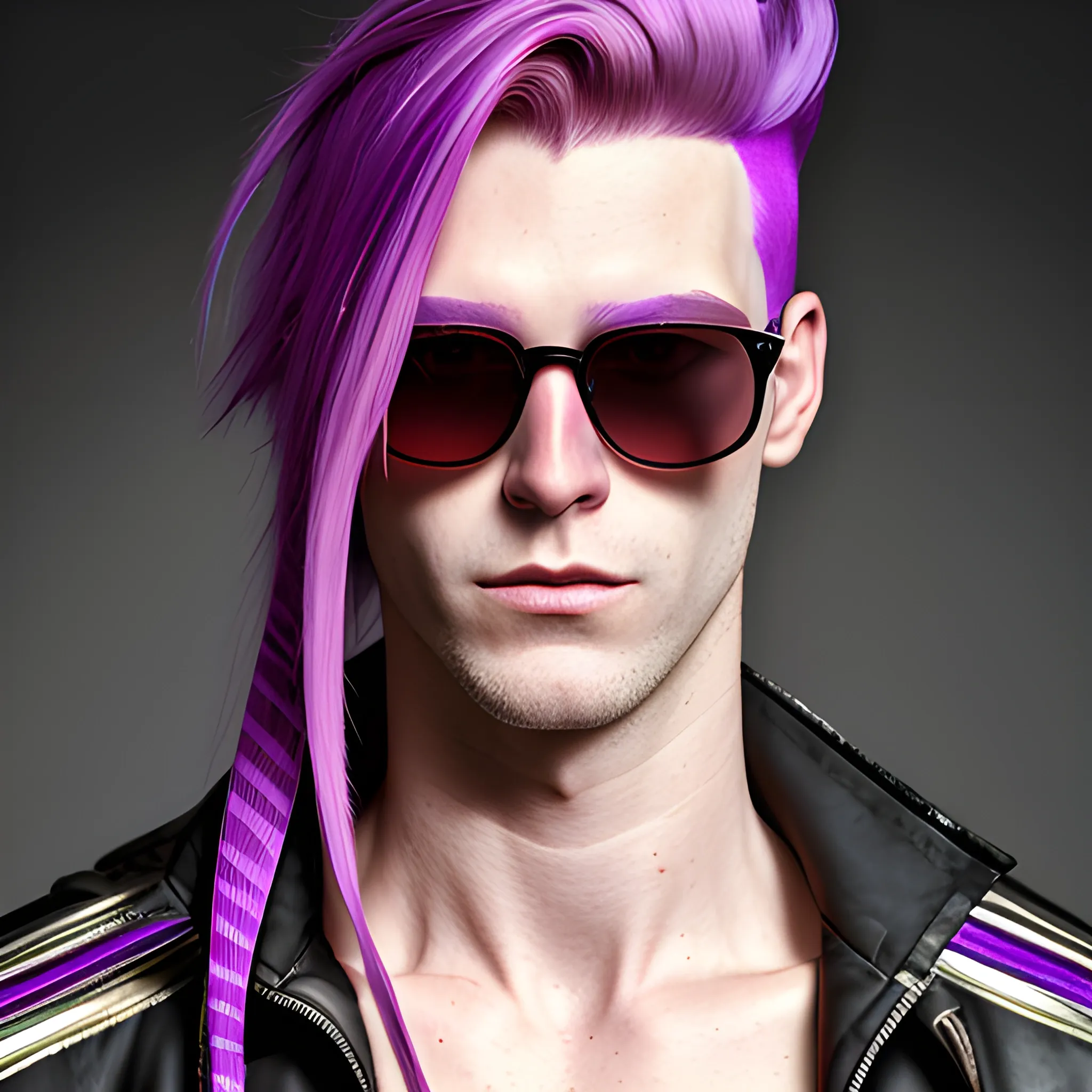 portrait of a Caucasian cyberpunk male clean shaven with really long red and purple striped hair wearing sunglasses