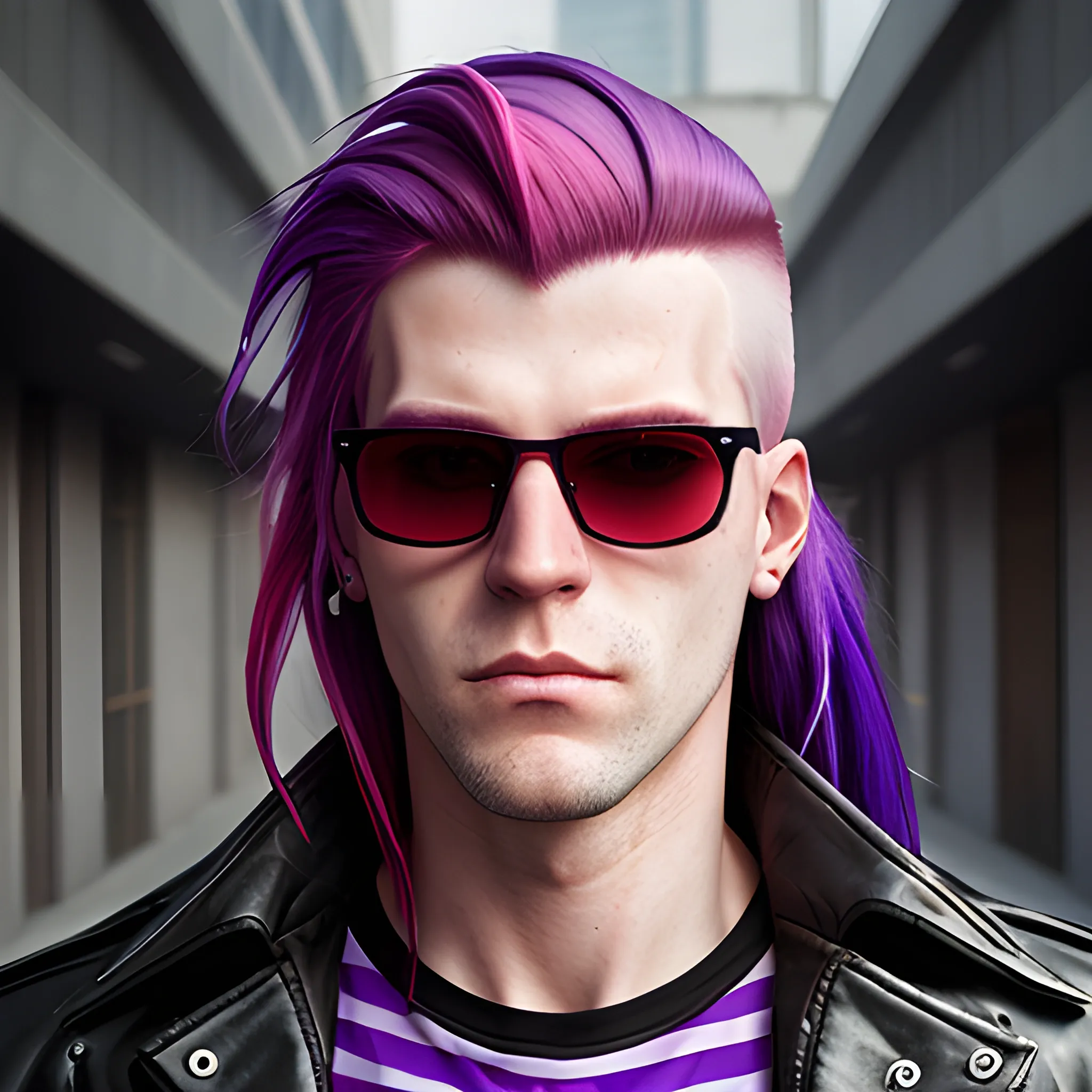 portrait of a Caucasian cyberpunk male clean shaven with really long red and purple striped hair wearing sunglasses