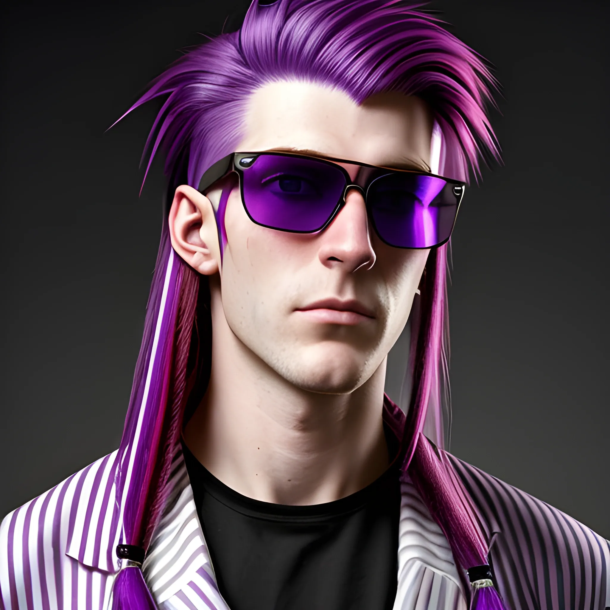 portrait of a Caucasian cyberpunk male clean shaven with really long red and purple striped hair wearing sunglasses