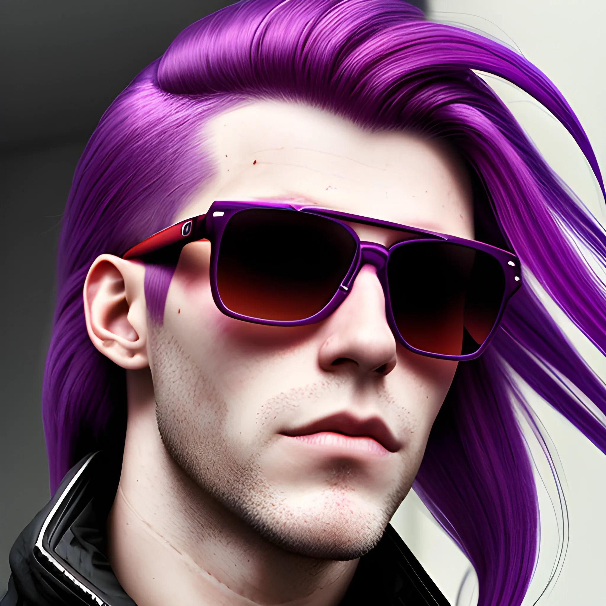 portrait of a Caucasian cyberpunk male clean shaven with really long red and purple striped hair wearing sunglasses