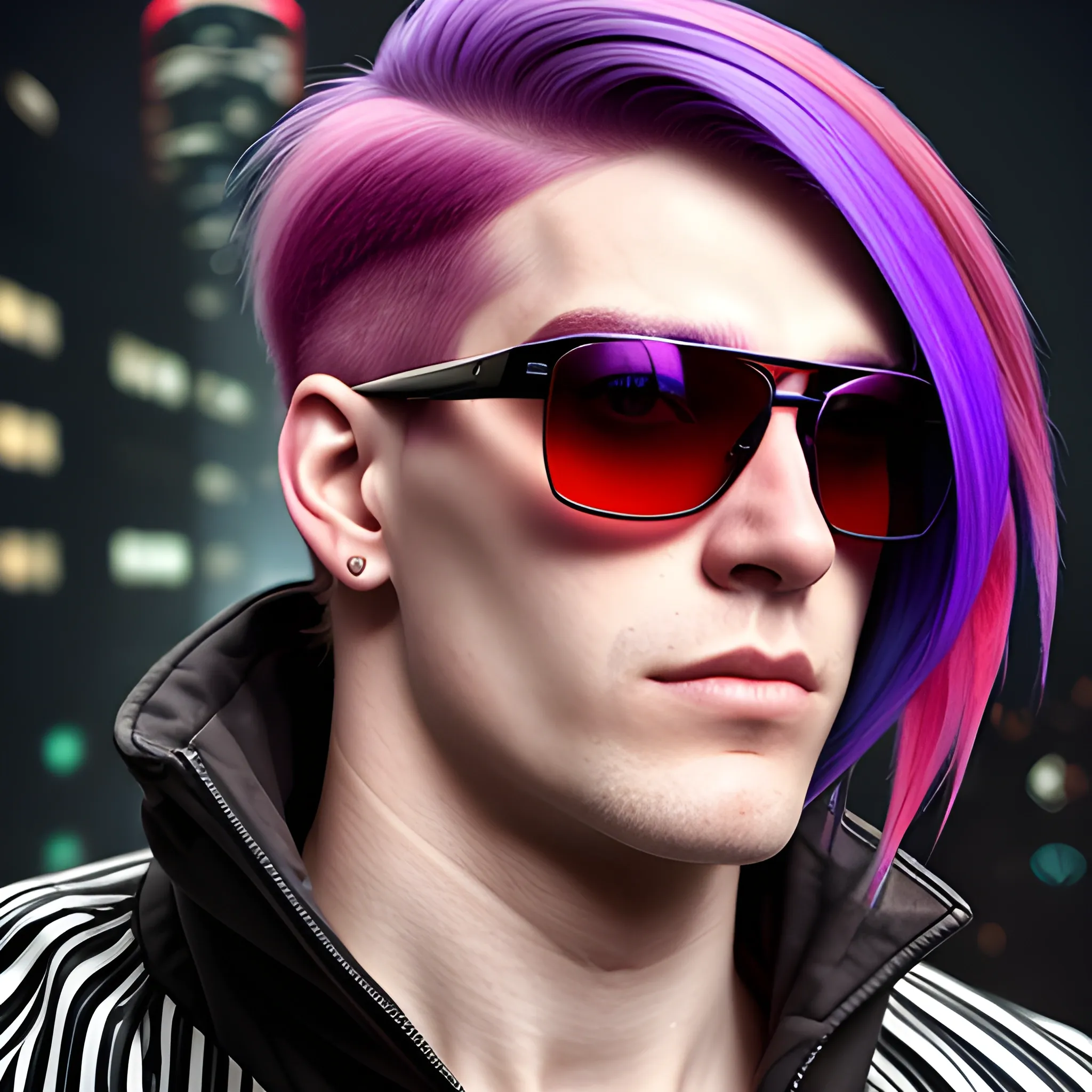 portrait of a Caucasian cyberpunk male clean shaven with really long red and purple striped hair wearing sunglasses