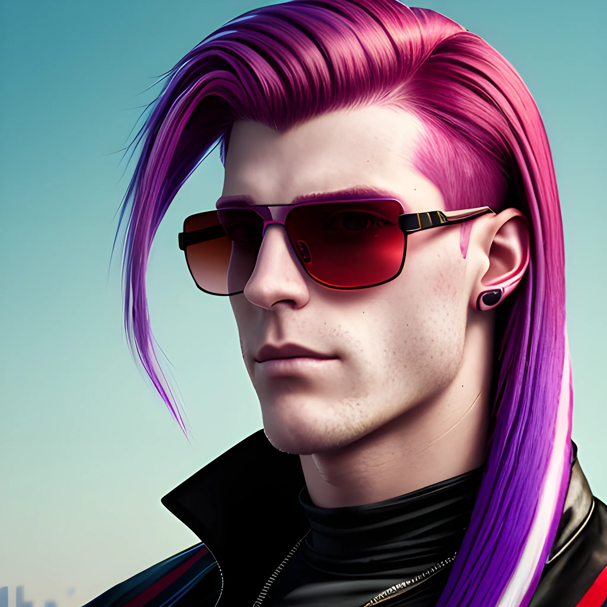 portrait of a Caucasian cyberpunk male clean shaven with really long red and purple striped hair wearing sunglasses