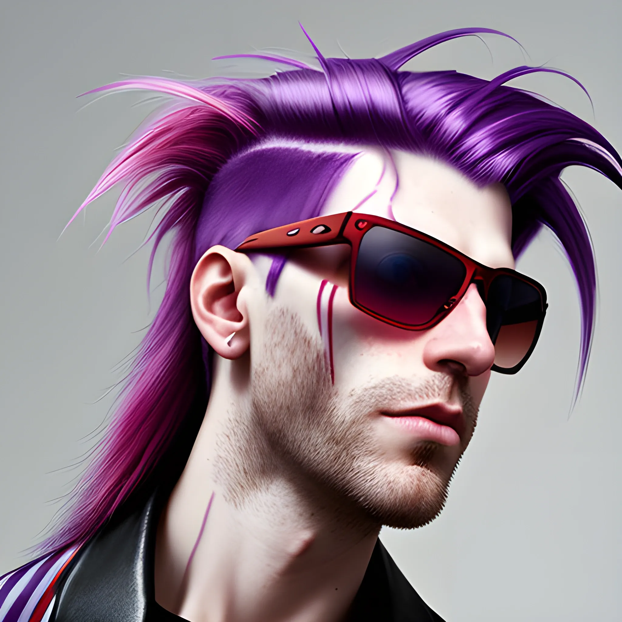 portrait of a Caucasian cyberpunk male clean shaven with really long red and purple striped hair wearing sunglasses