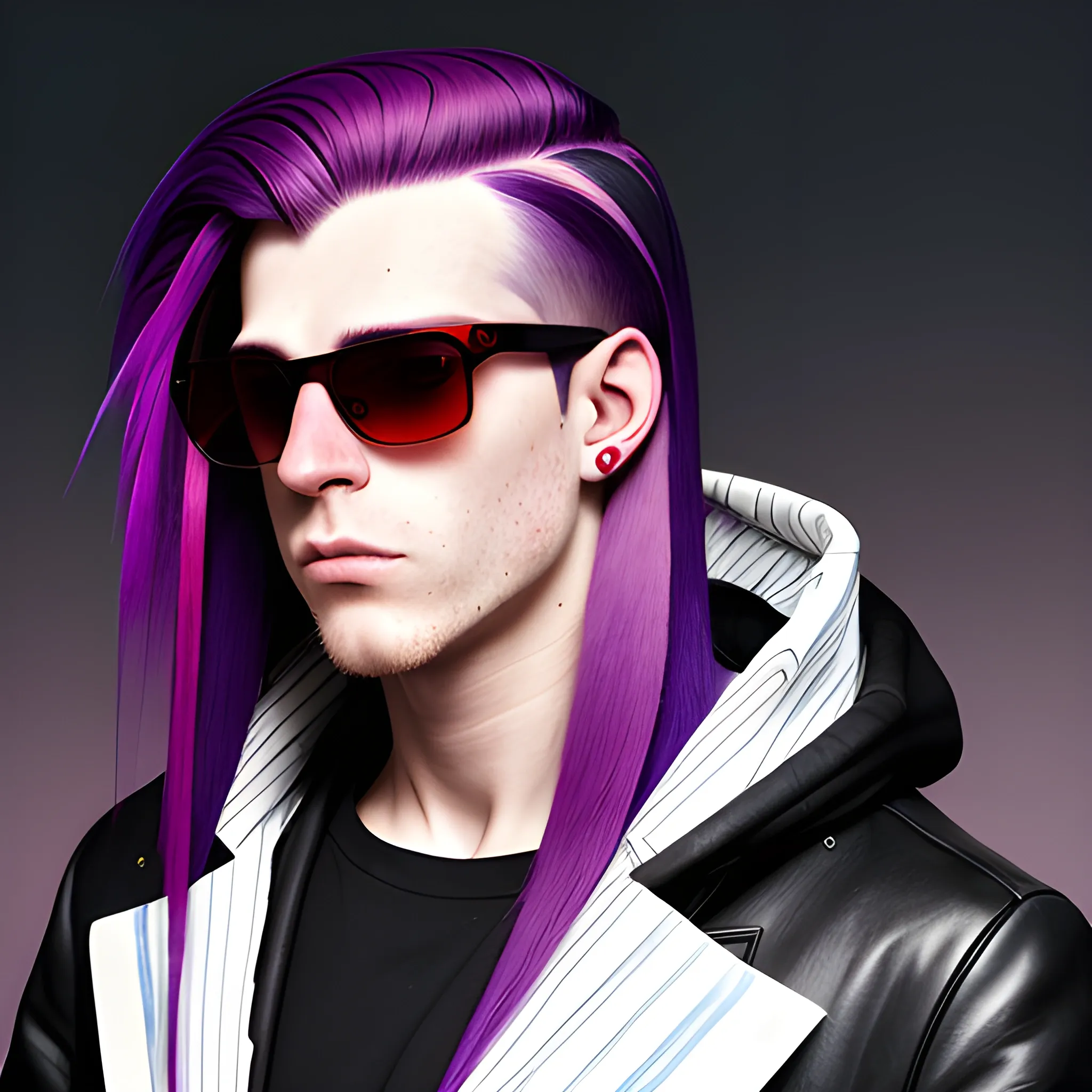 portrait of a Caucasian cyberpunk male clean shaven with really long red and purple striped hair wearing sunglasses